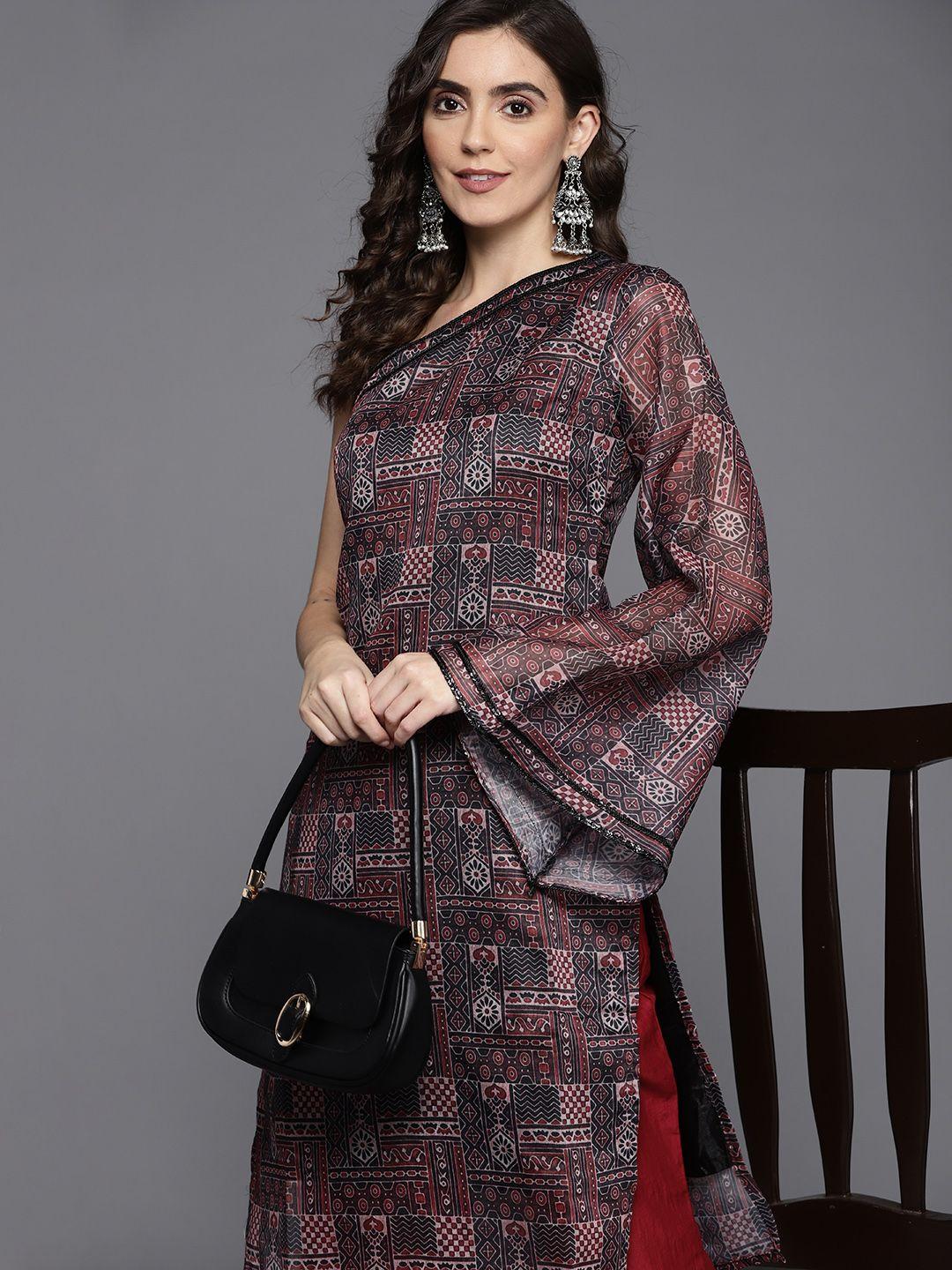 masstani by inddus women maroon & black printed chanderi cotton kurta with trousers