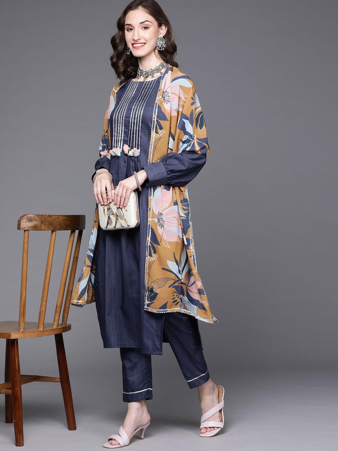 masstani by inddus women navy blue gotta patti kurta with trousers & with dupatta