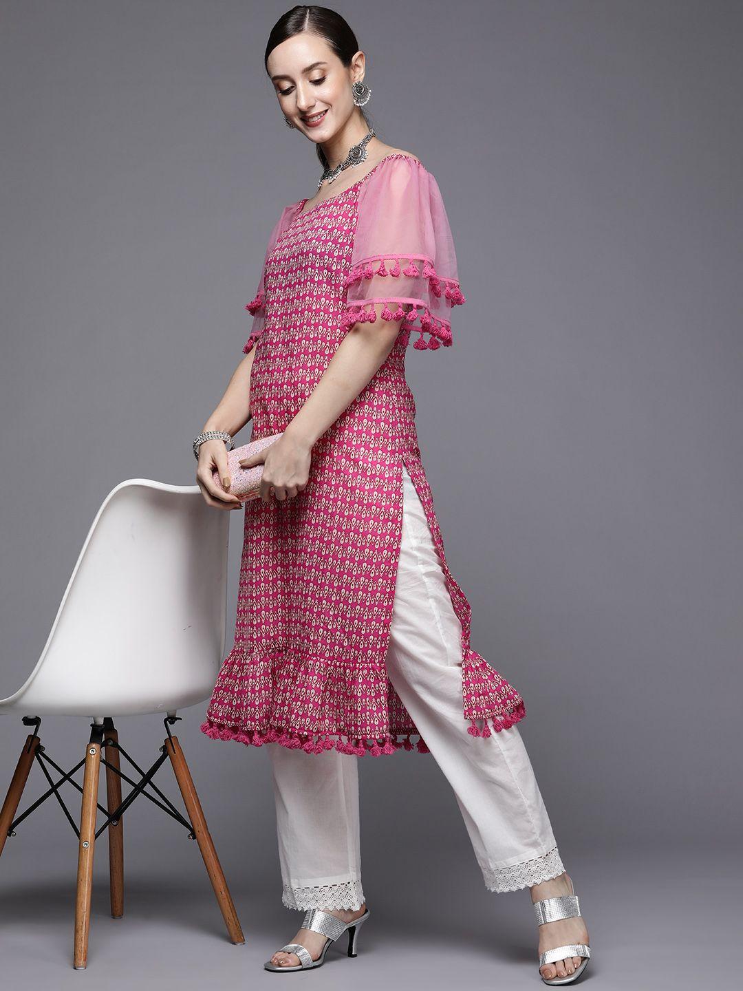 masstani by inddus women pink & beige ethnic motifs printed flared sleeves lace frills bows and ruffles kurta