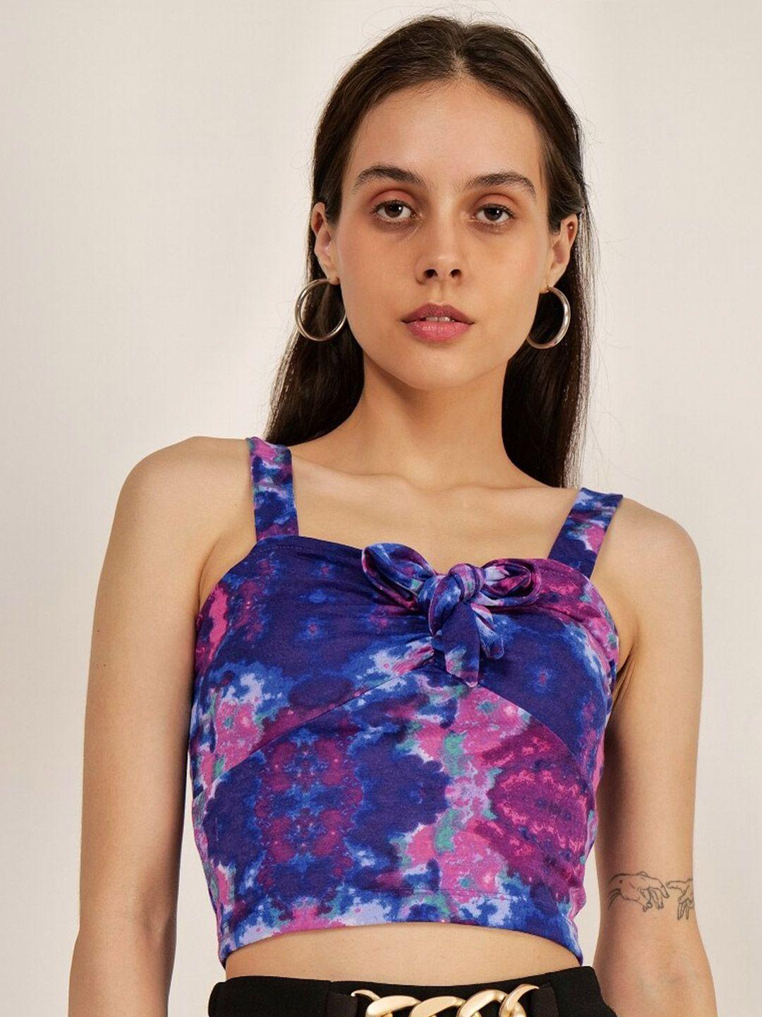 mast & harbour blue & pink abstract printed tie-ups shoulder straps fitted crop top
