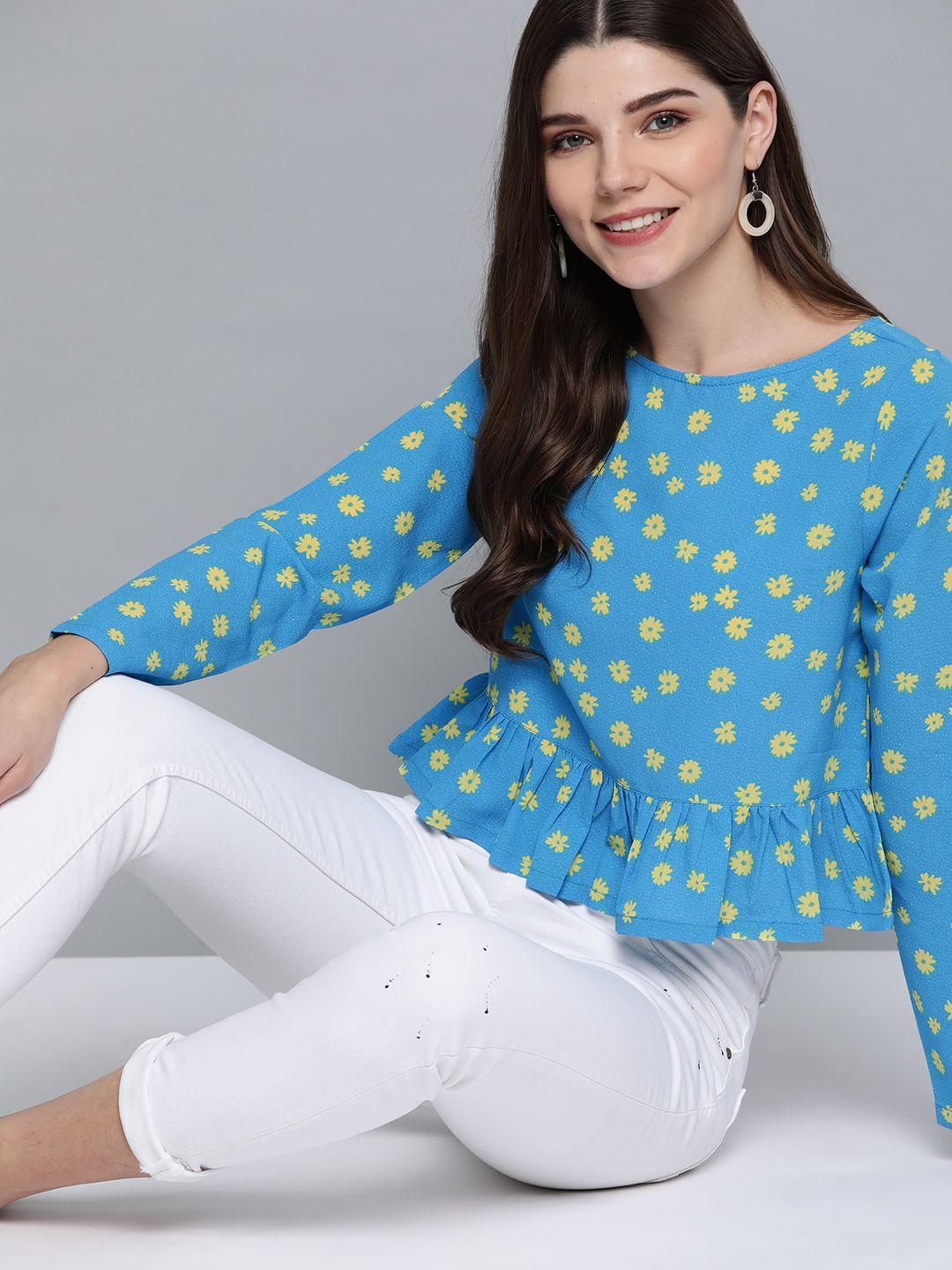 mast & harbour blue & yellow floral printed peplum top
