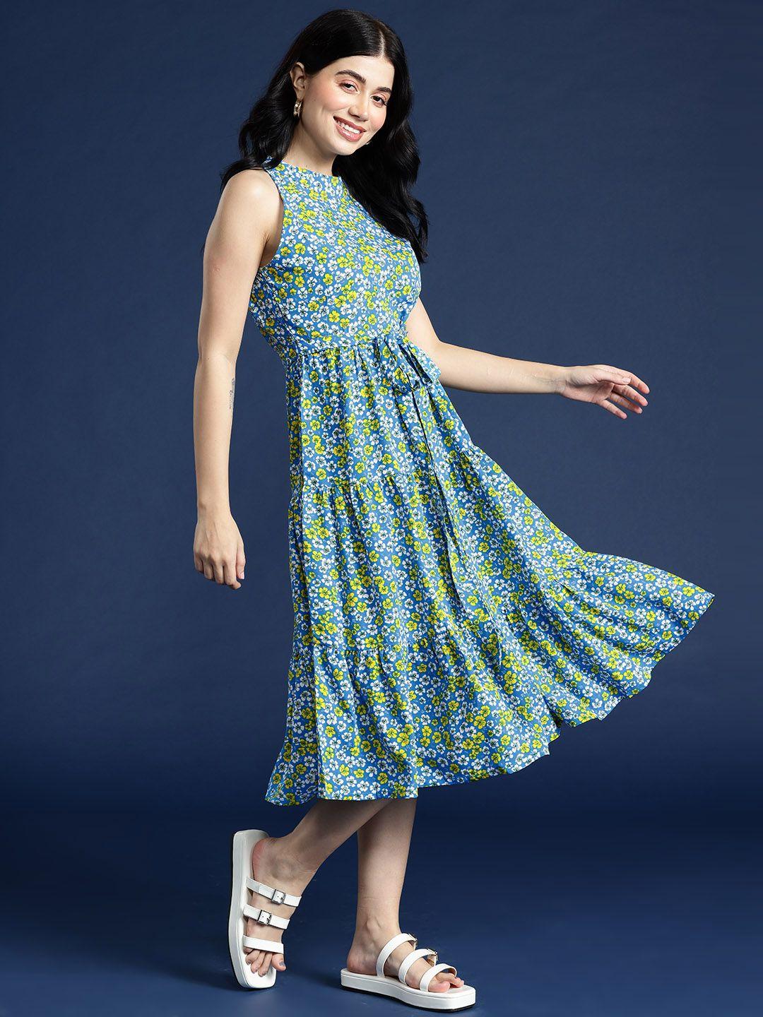 mast & harbour ditsy floral printed a-line tiered belted midi dress