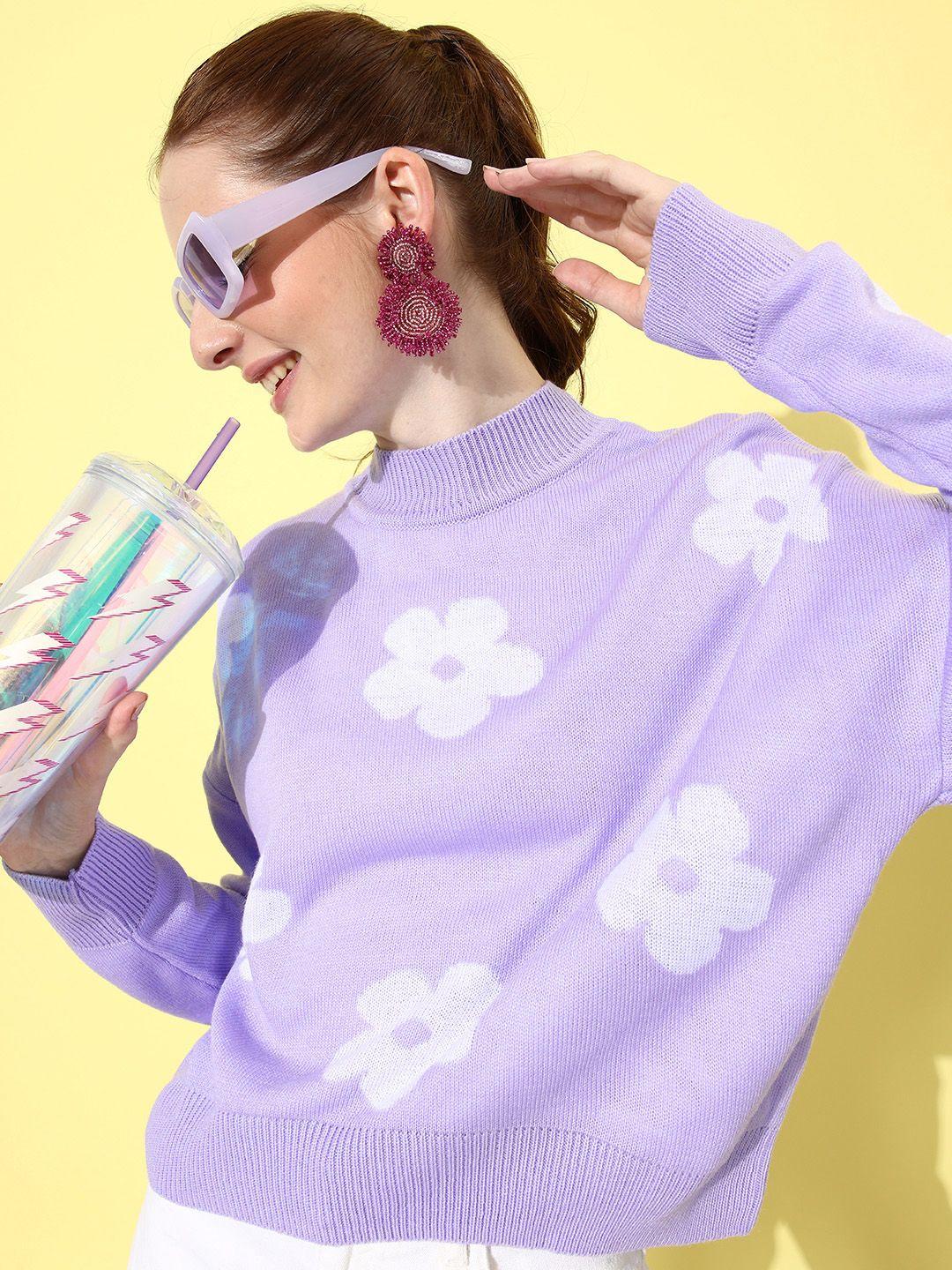 mast & harbour elegant lavender floral printed turtle neck quilt club pullover