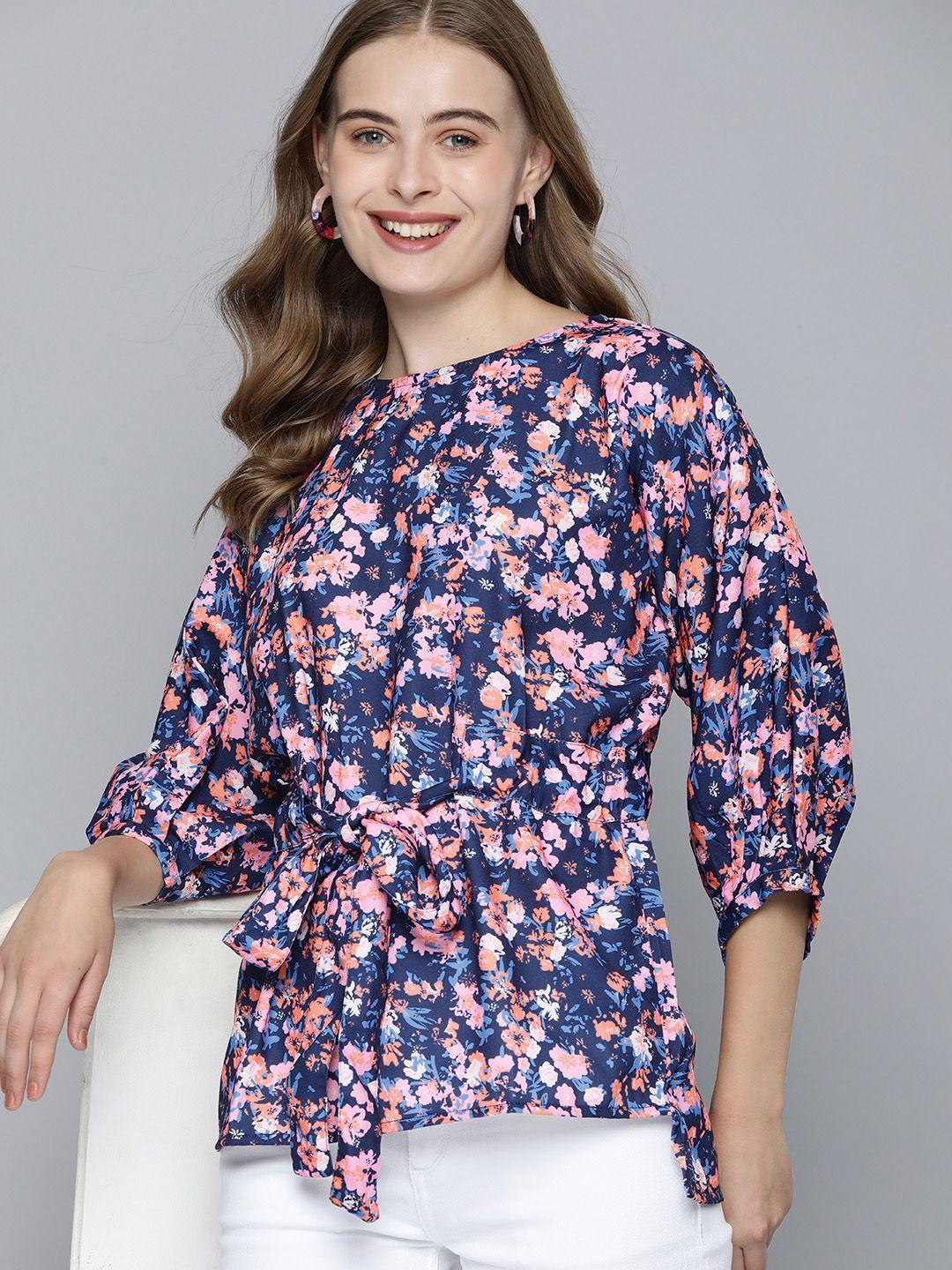 mast & harbour floral print extended sleeves top with waist tie up detailing