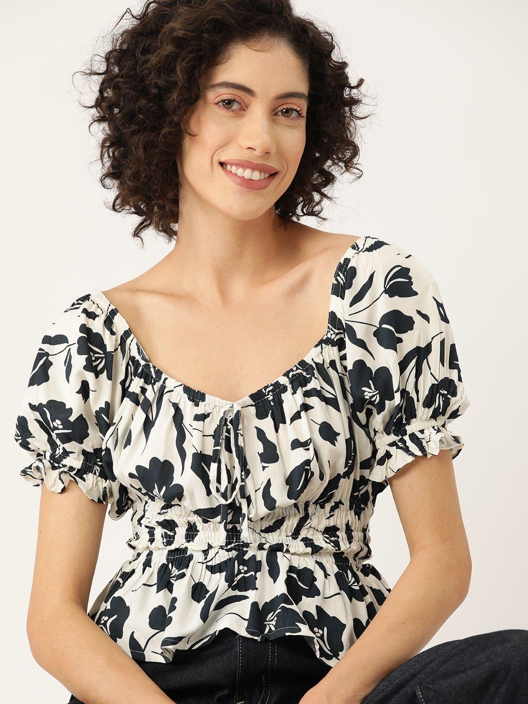 mast & harbour floral print sweetheart neck puff sleeve cinched waist top