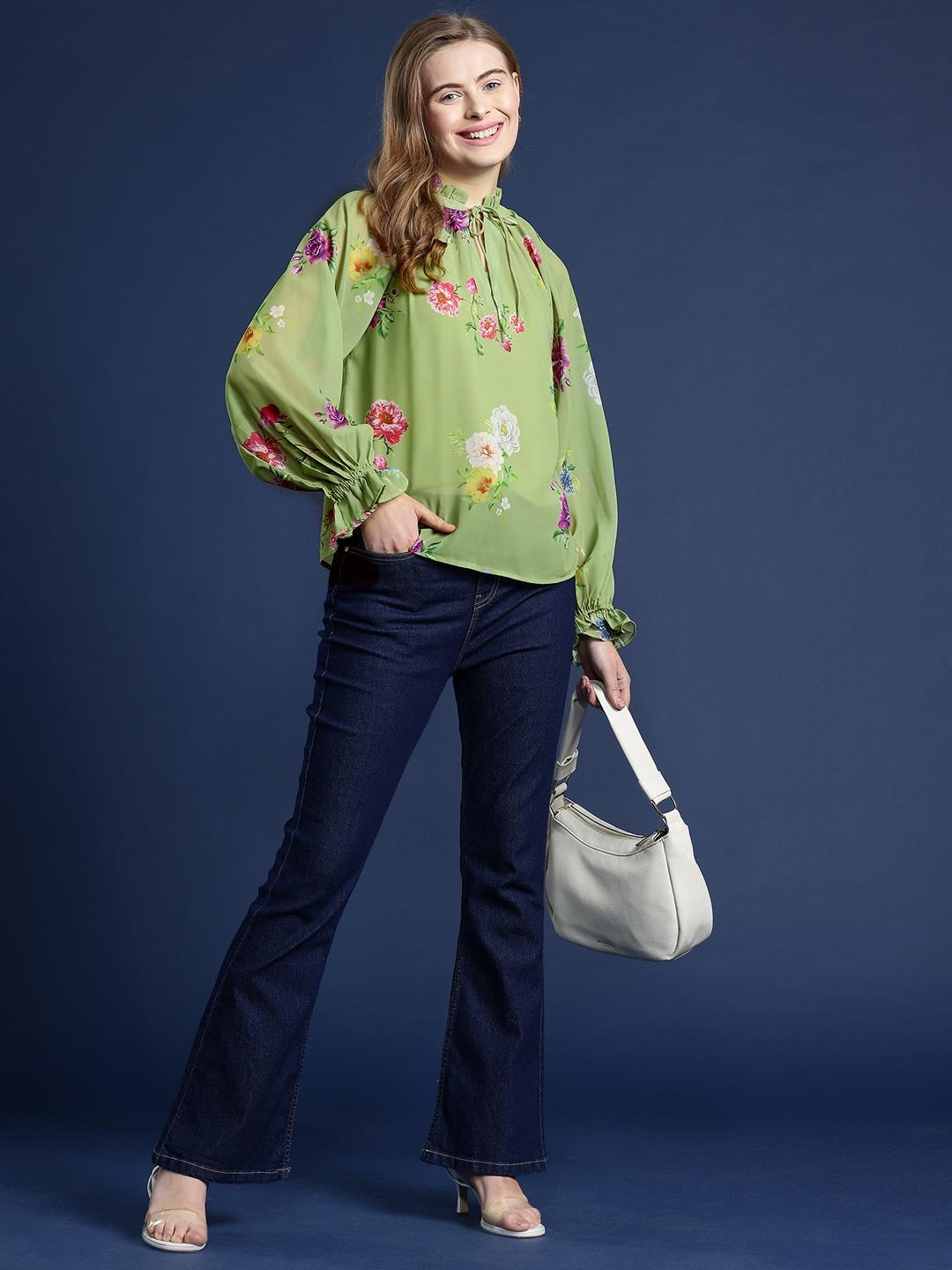 mast & harbour floral print tie-up neck bell sleeve top & camisole