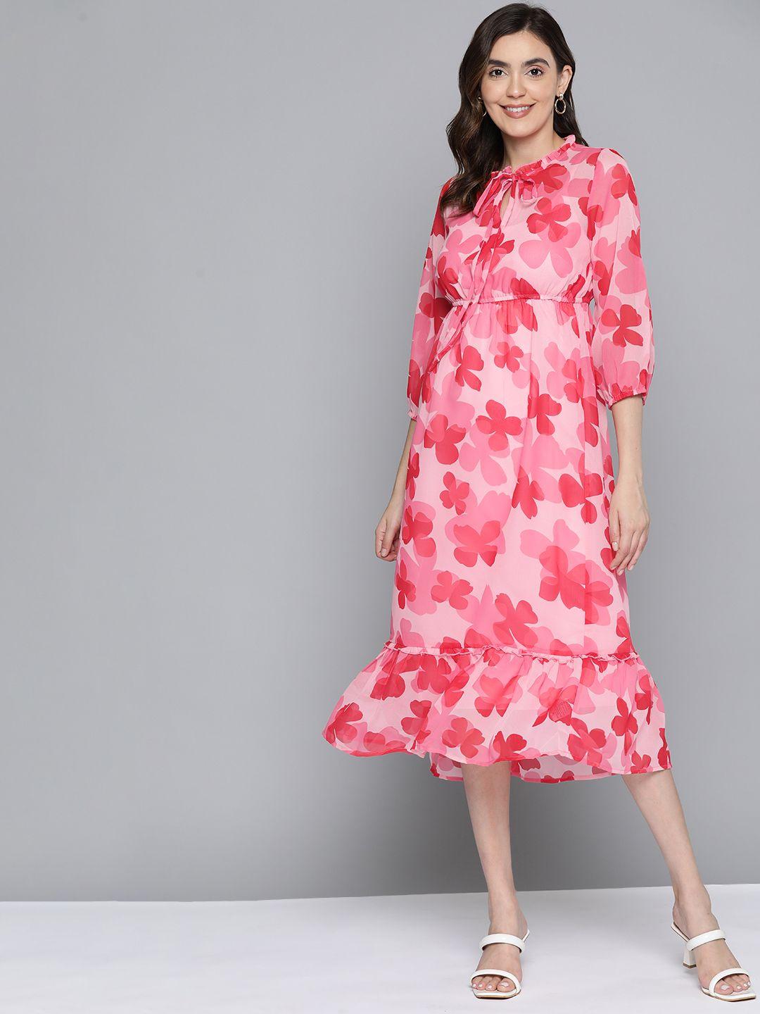 mast & harbour floral print tie-up neck puff sleeves a-line midi dress