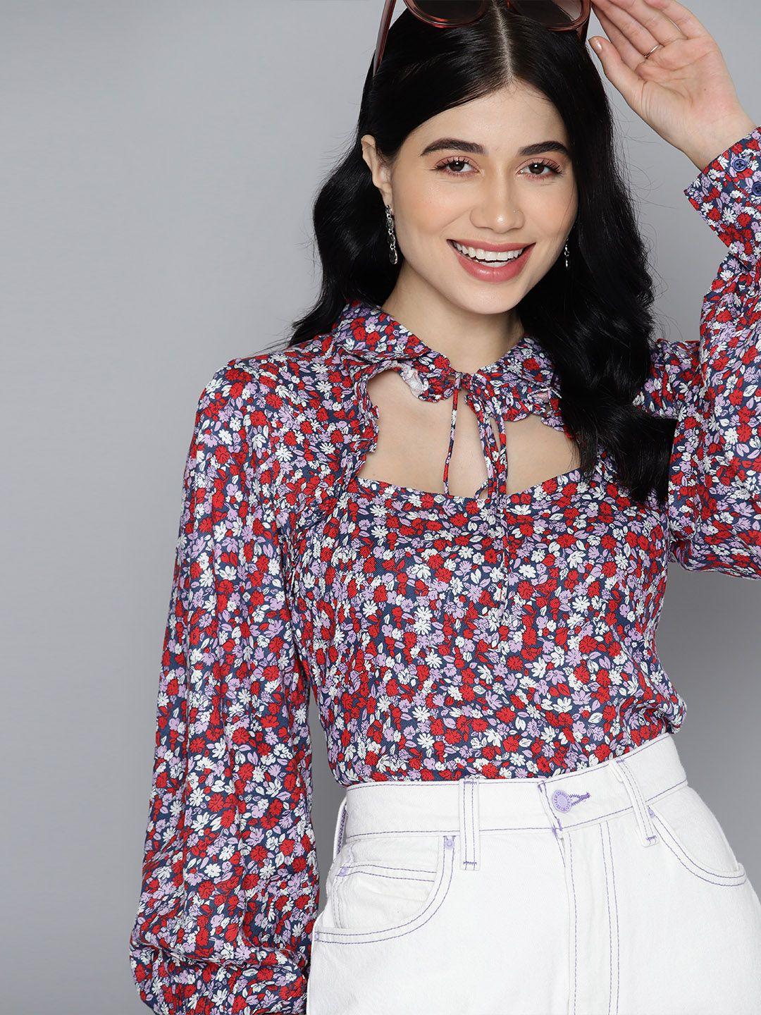 mast & harbour floral print tie-up neck puff sleeves ruffles top