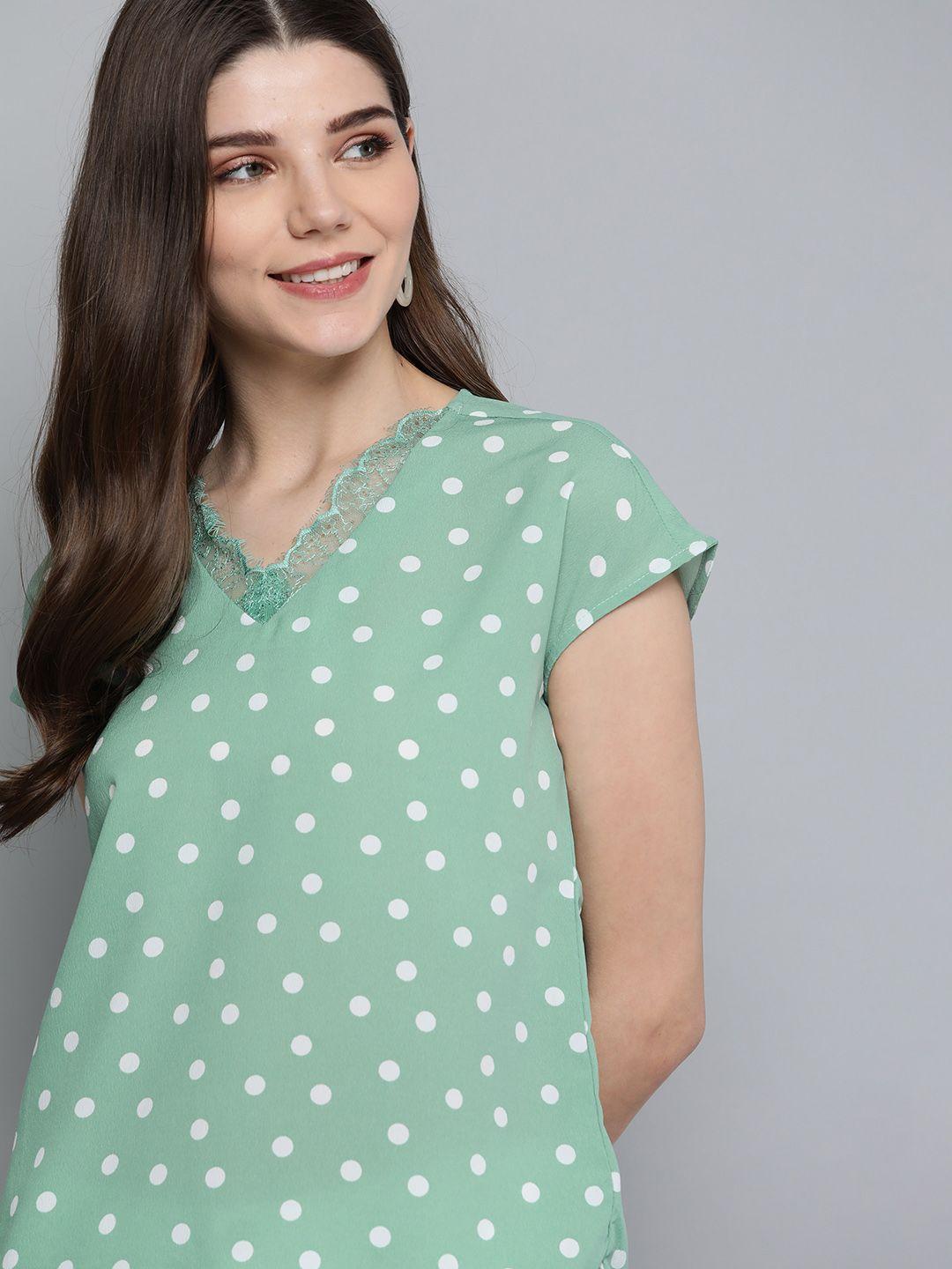 mast & harbour green & white polka dots print lace detail top