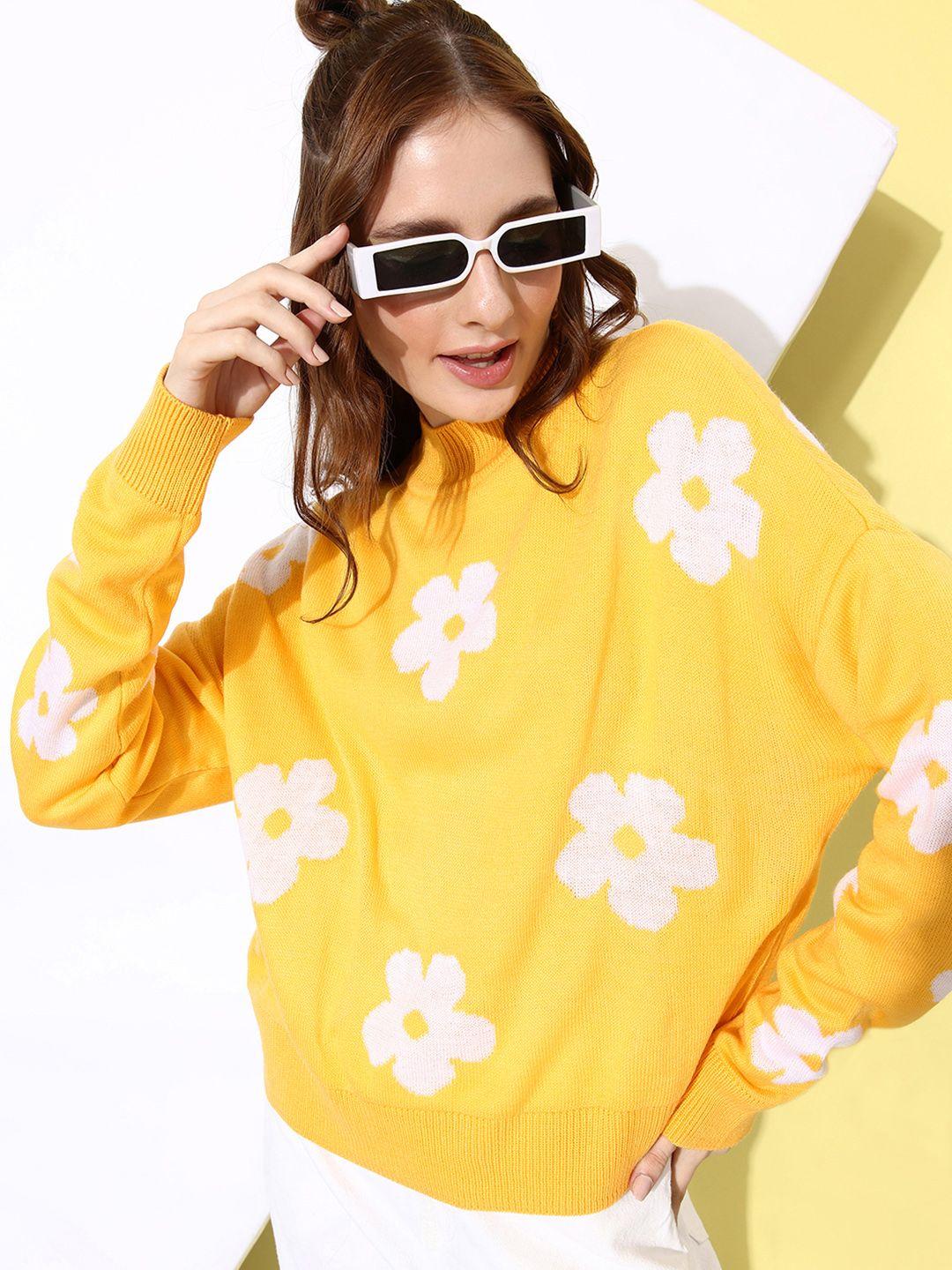 mast & harbour honey yellow floral printed turtle neck molten metallics pullover