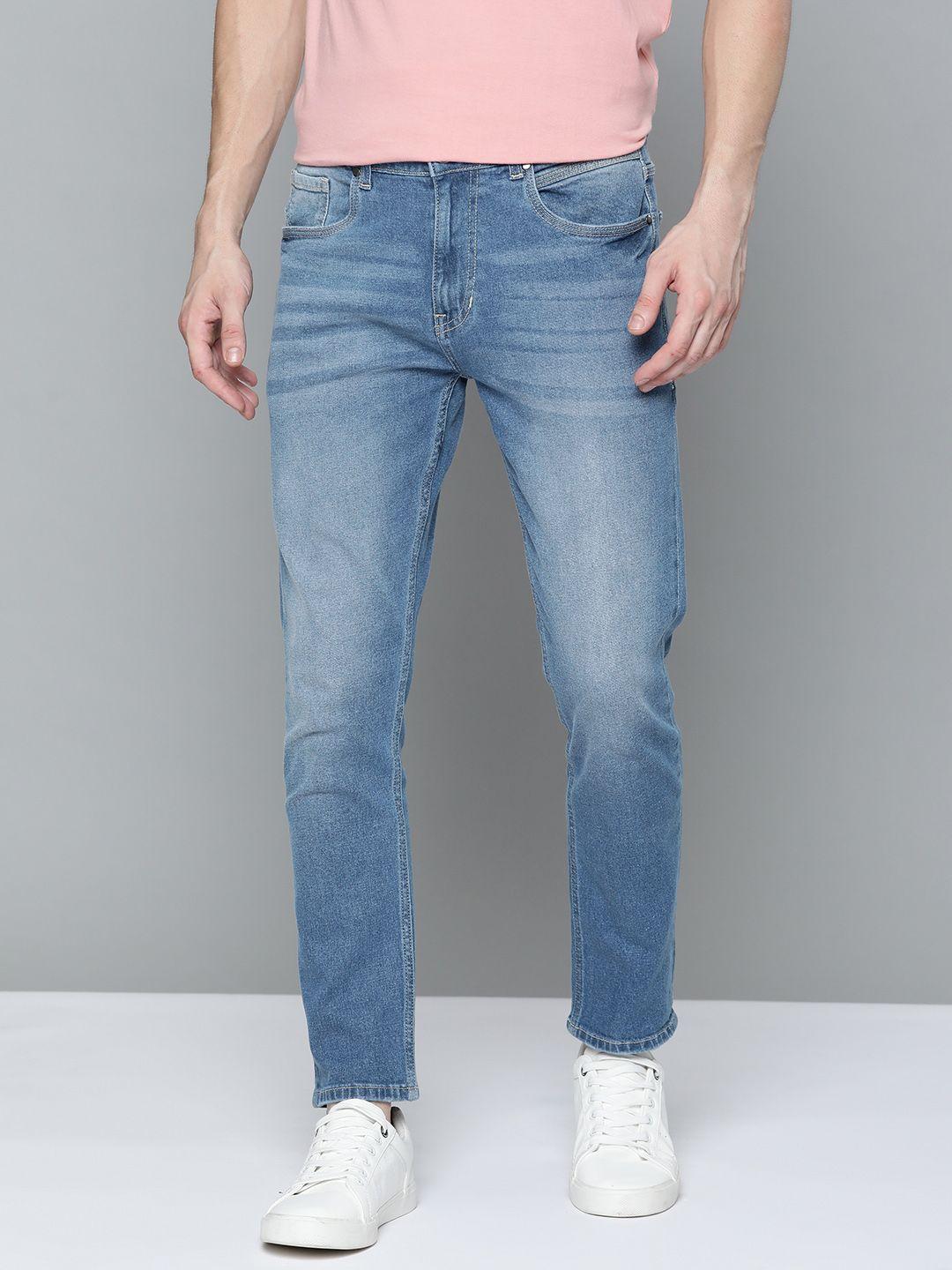 mast & harbour men blue skinny fit light fade stretchable cropped jeans