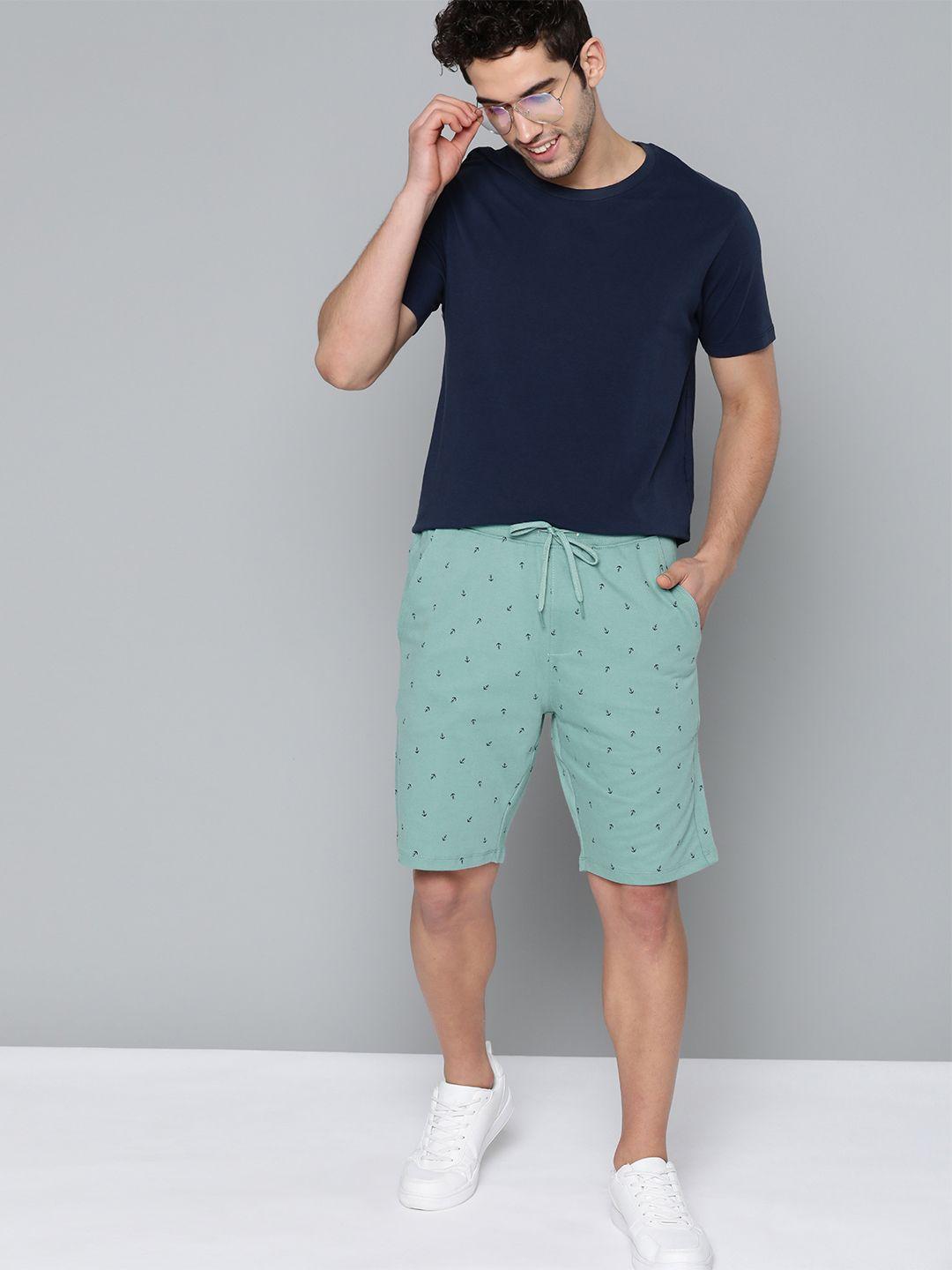 mast & harbour men green & navy blue micro anchor print regular fit cotton knitted shorts