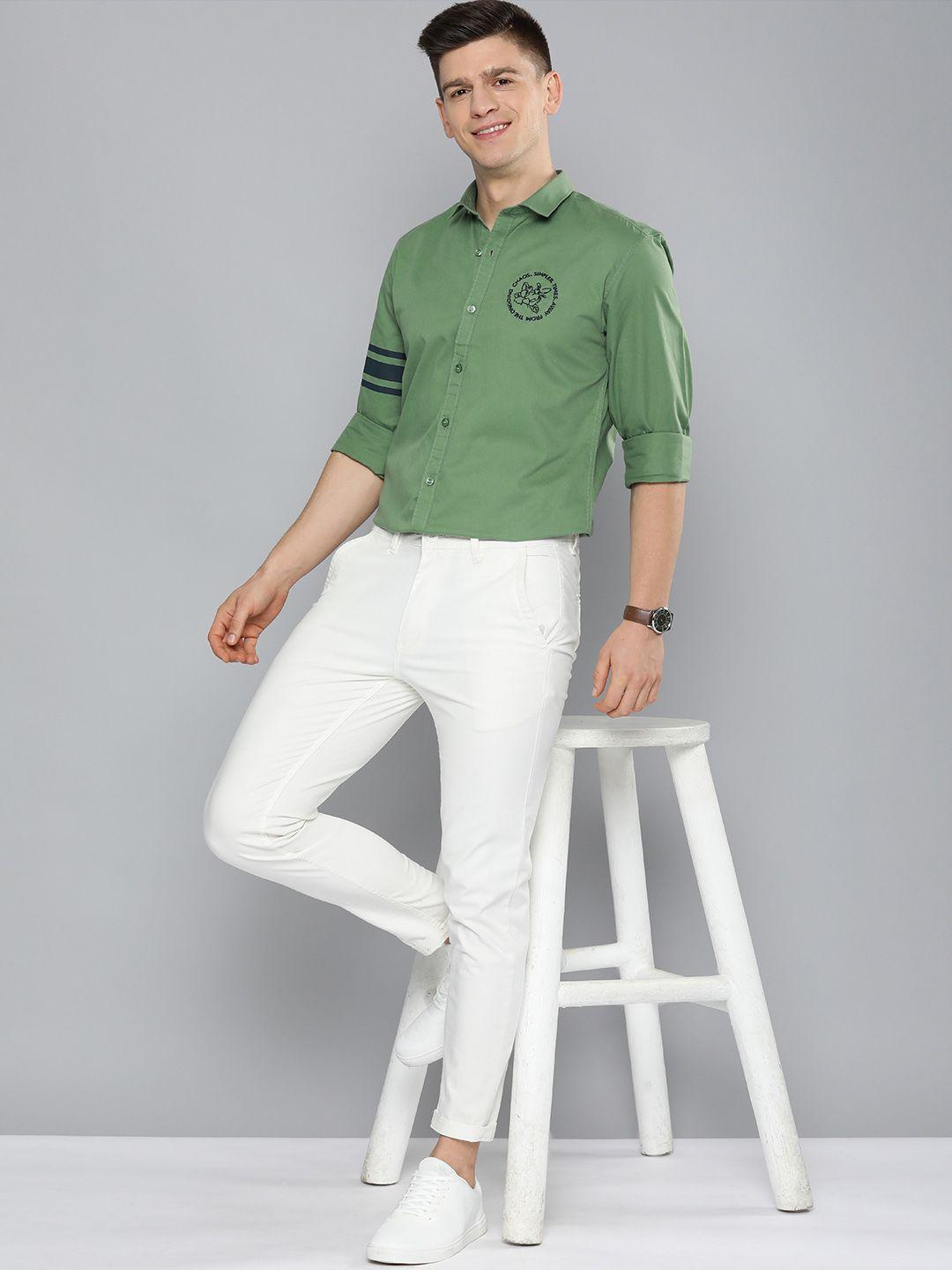 mast & harbour men green embroidered slim fit pure cotton casual shirt