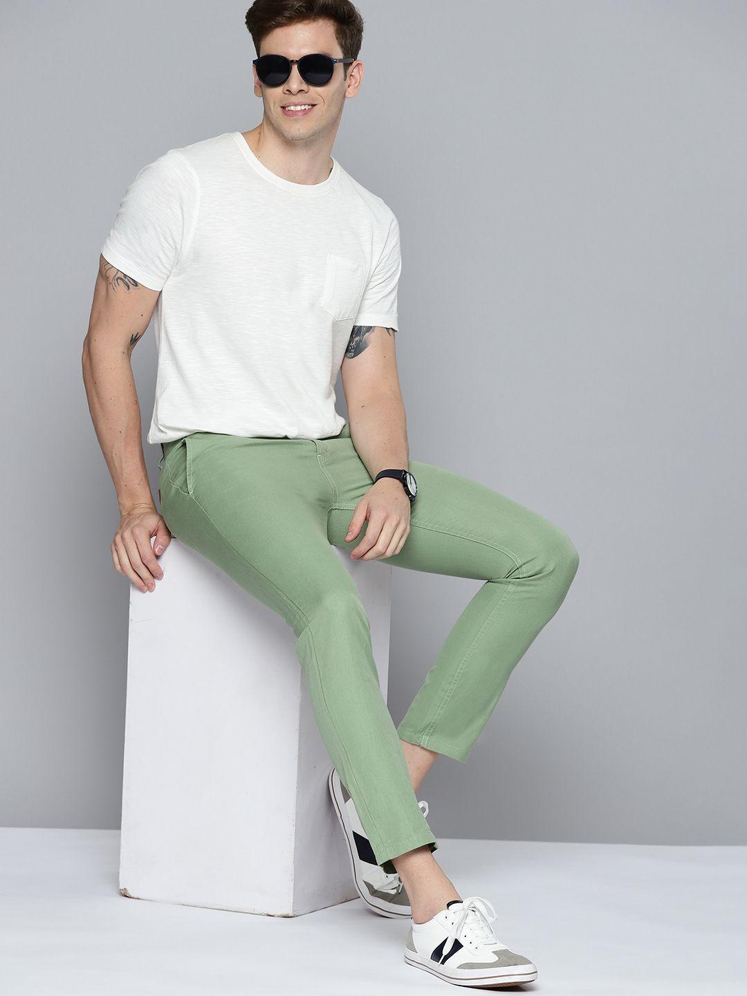 mast & harbour men green smart cotton linen trousers