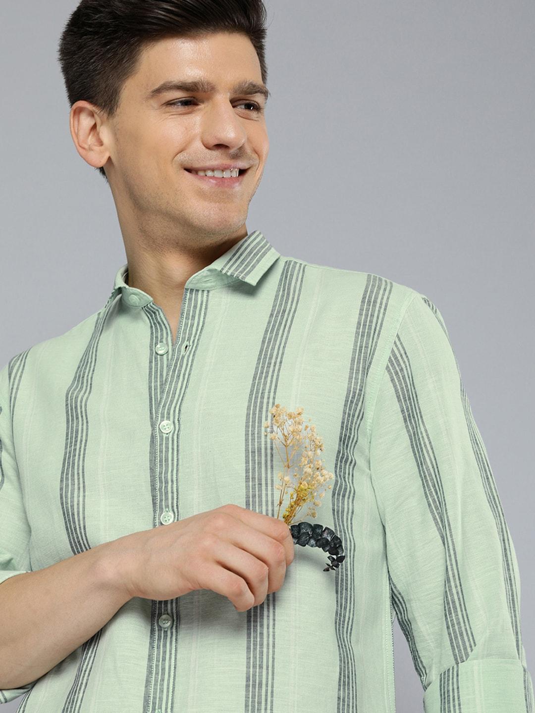 mast & harbour men green striped casual cotton linen shirt