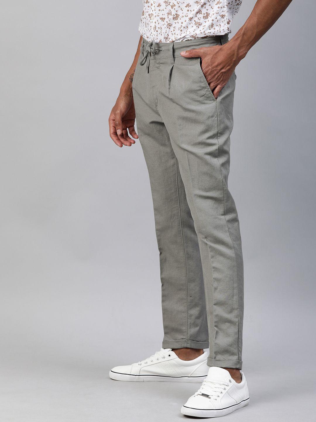 mast & harbour men grey regular fit solid linen trousers