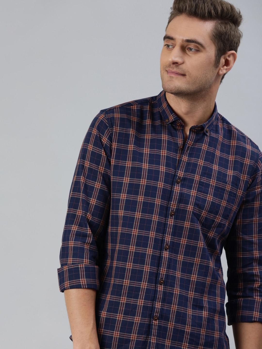 mast & harbour men navy blue & red regular fit checked sustainable casual shirt