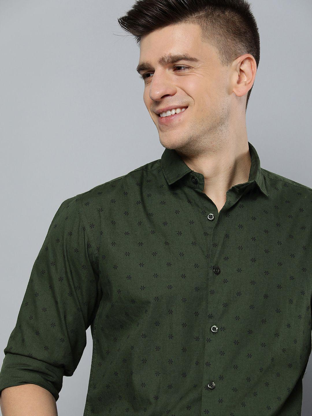 mast & harbour men olive green & black slim fit printed pure cotton casual shirt