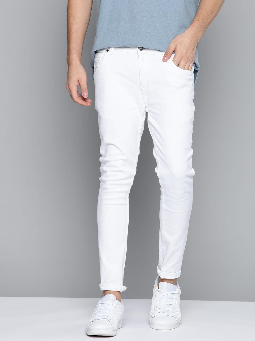 mast & harbour men white solid skinny fit stretchable jeans