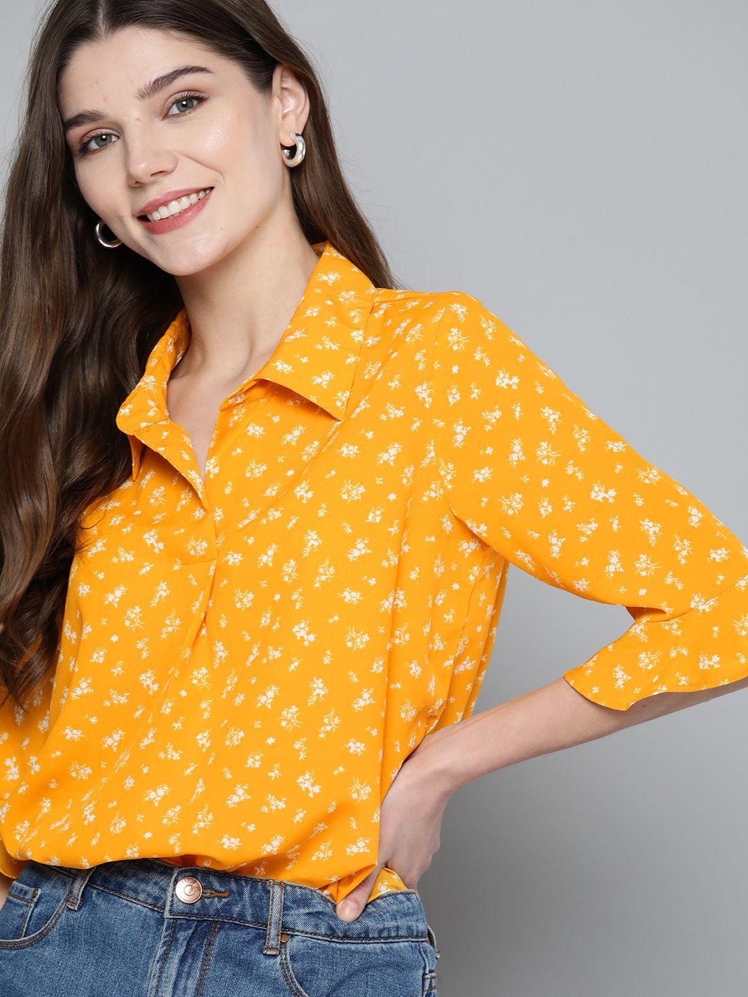 mast & harbour mustard yellow & white floral printed bell sleeves top