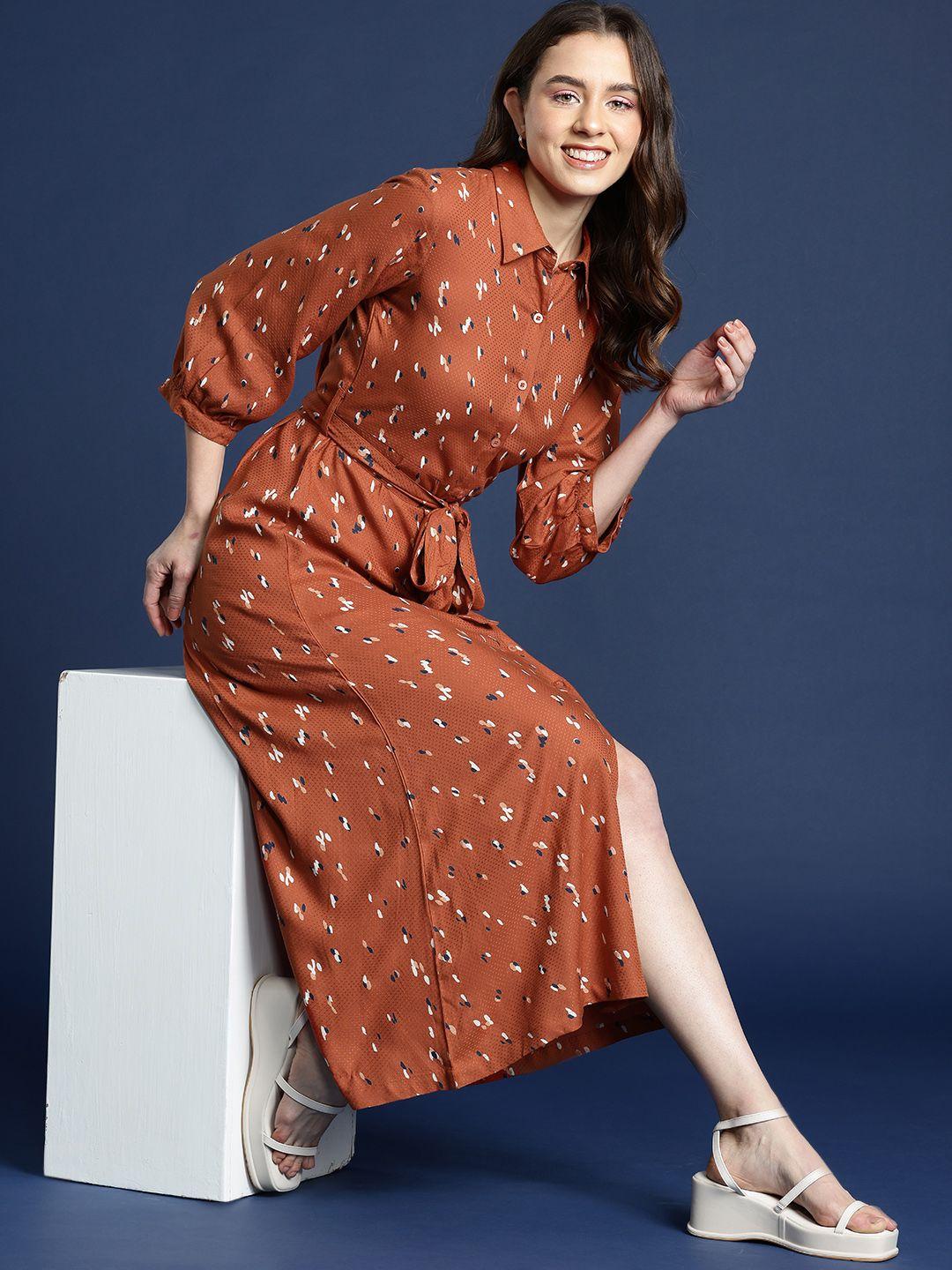 mast & harbour print puff sleeves pure cotton shirt midi dress with belt