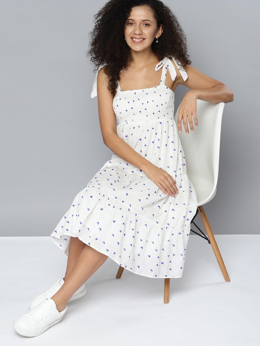 mast & harbour pure cotton heart print smocked tiered a-line midi dress