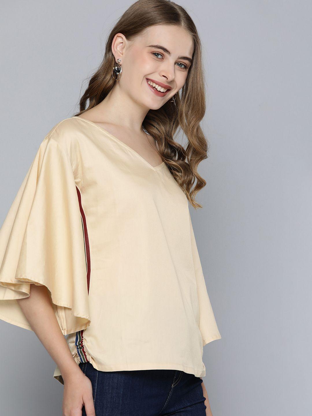mast & harbour v-neck flutter sleeves pure cotton top with side taping detail