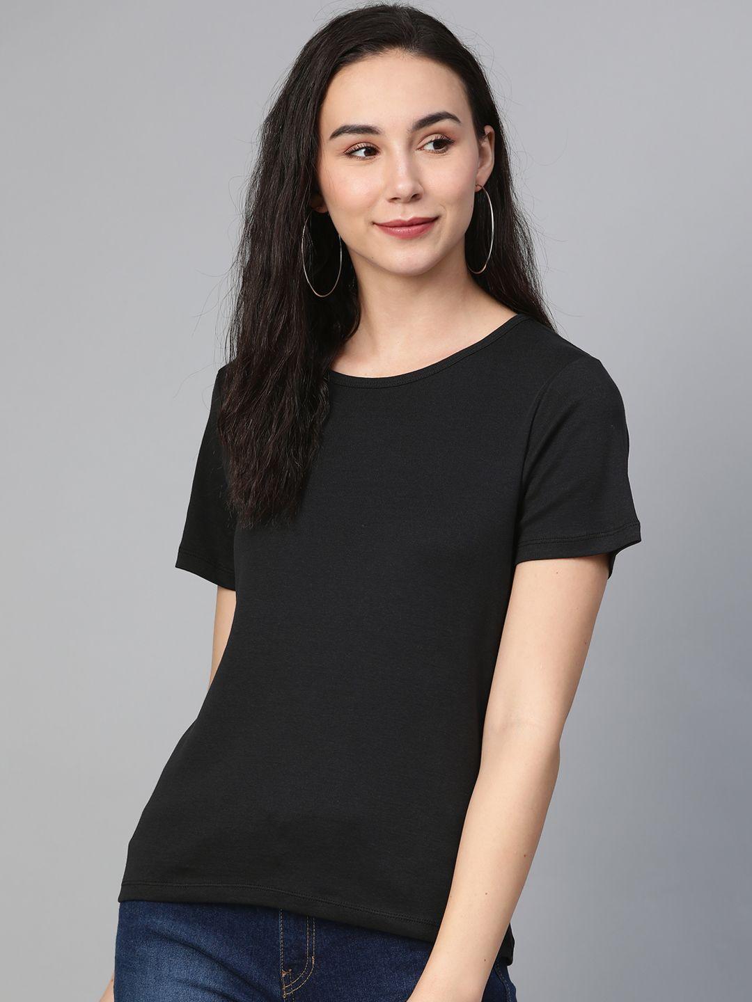 mast & harbour women black solid round neck t-shirt