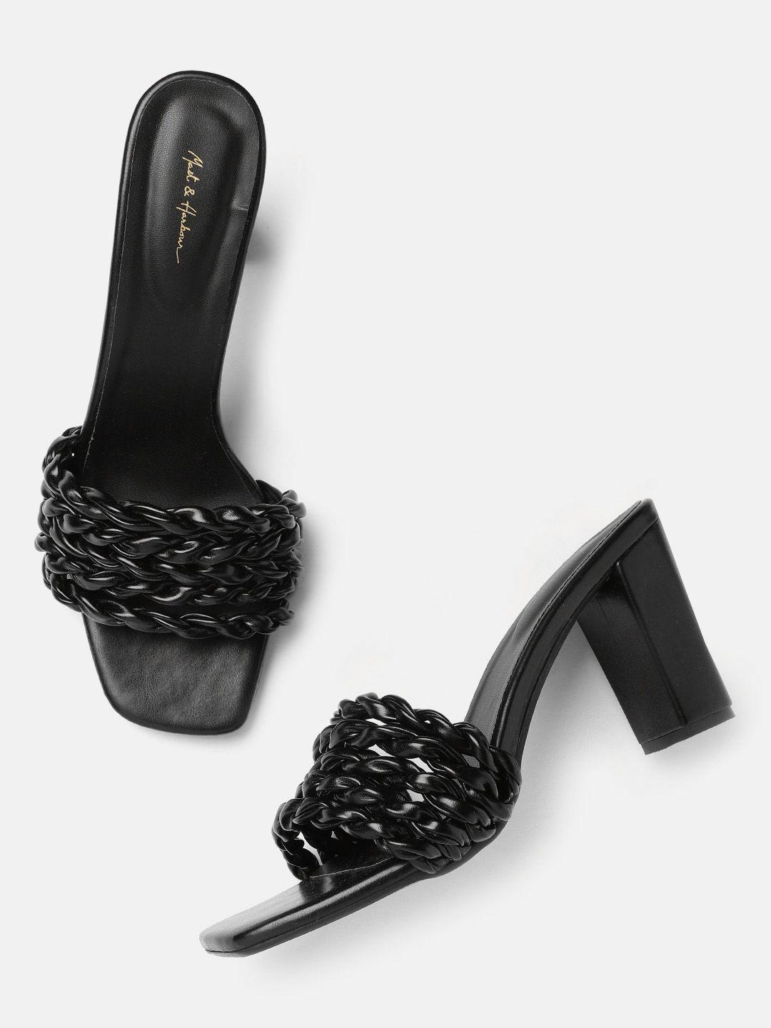 mast & harbour women black woven design block heel sandals