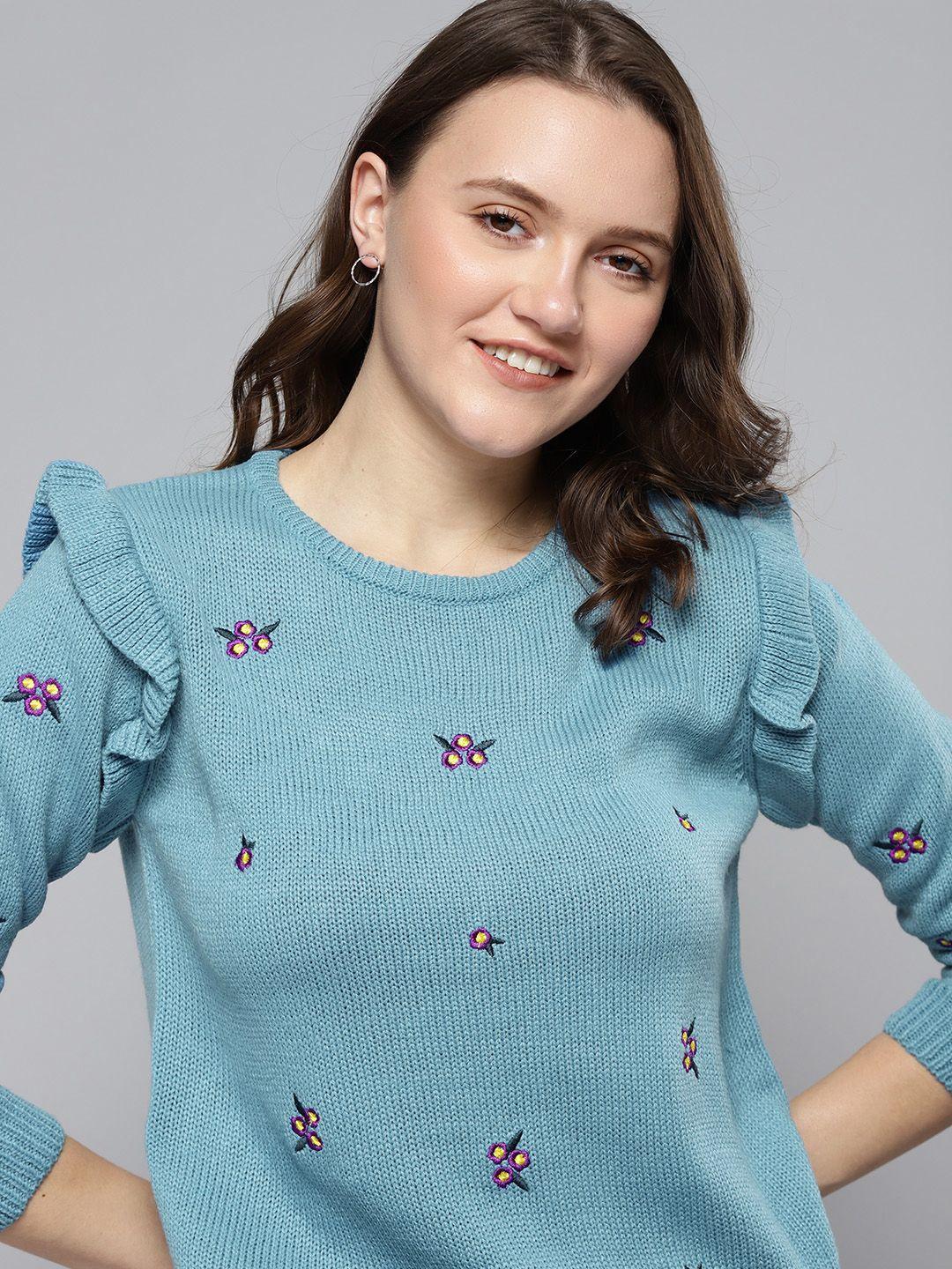 mast & harbour women blue & purple floral embroidered detail pullover