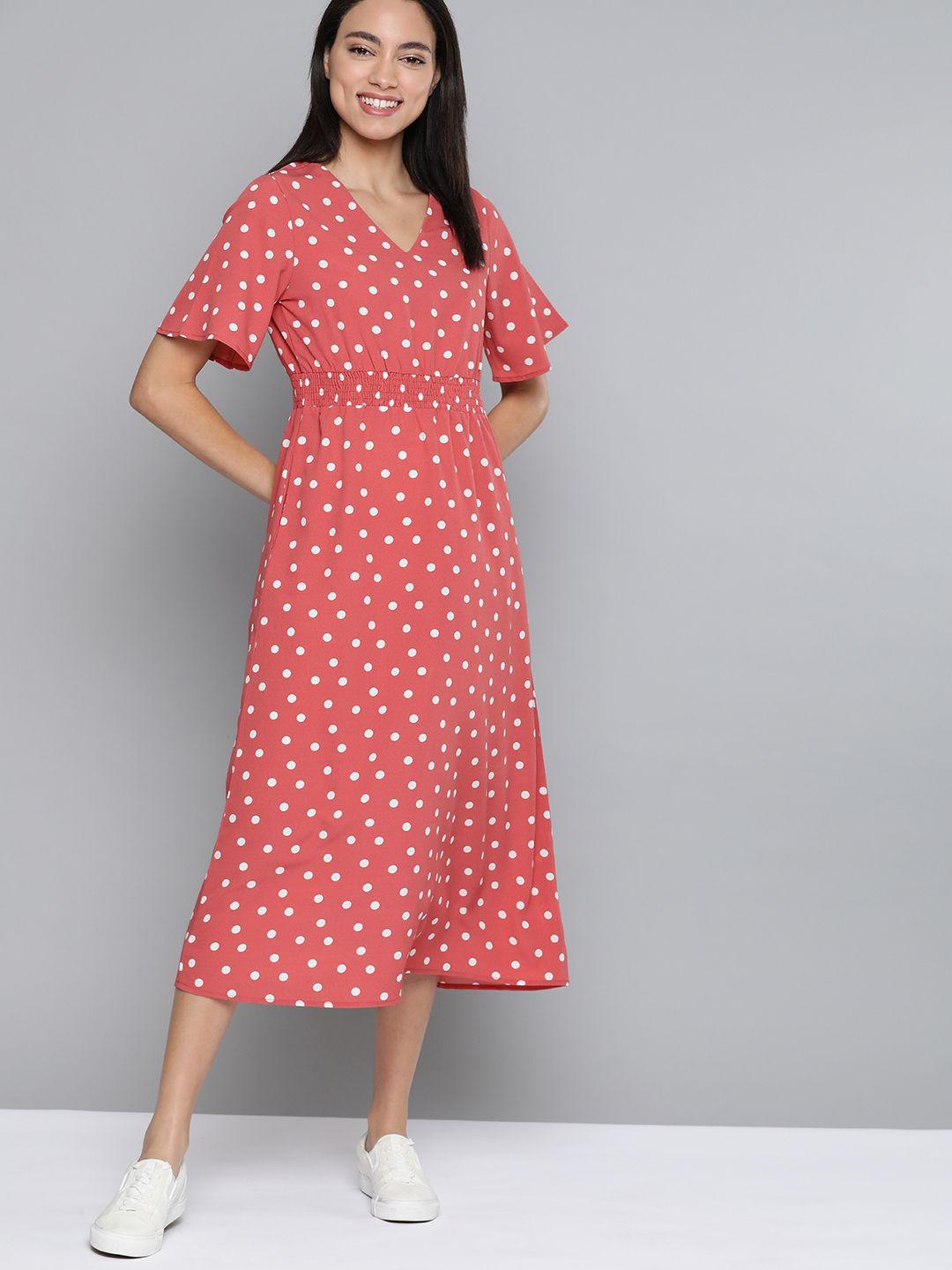 mast & harbour women coral red & white polka dots printed a-line dress