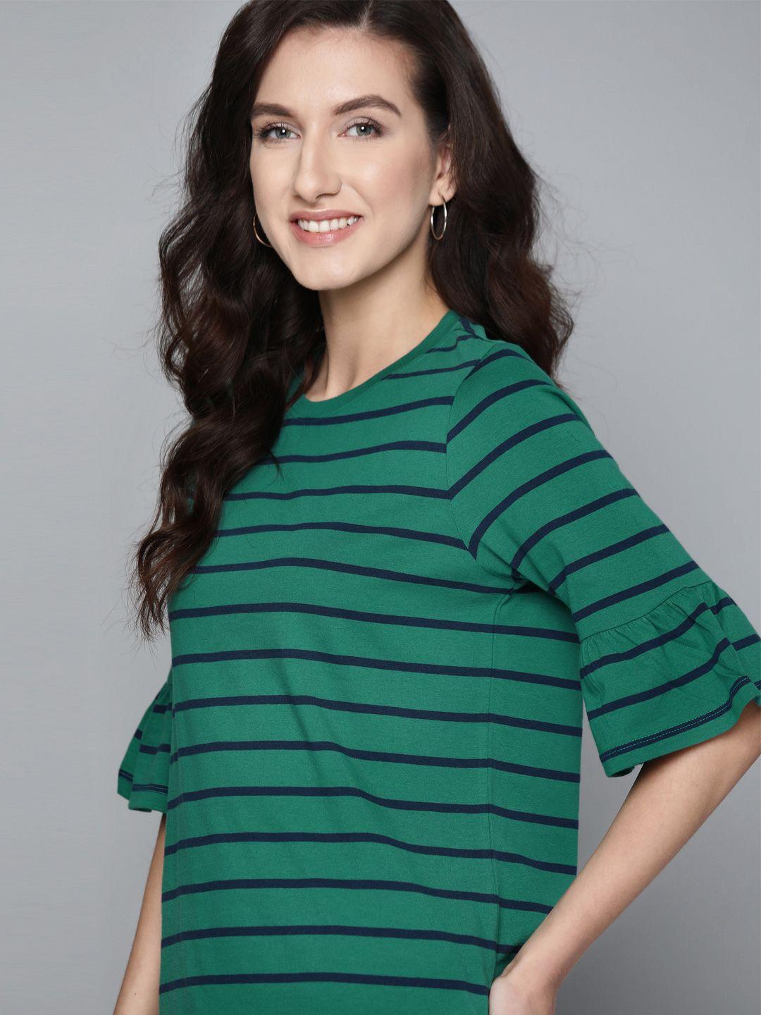 mast & harbour women green & navy blue pure cotton relaxed fit bell sleeved striped top
