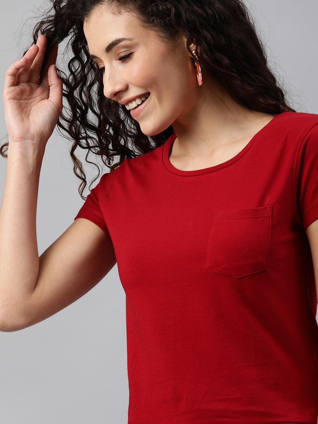 mast & harbour women maroon solid round neck t-shirt with chest pocket