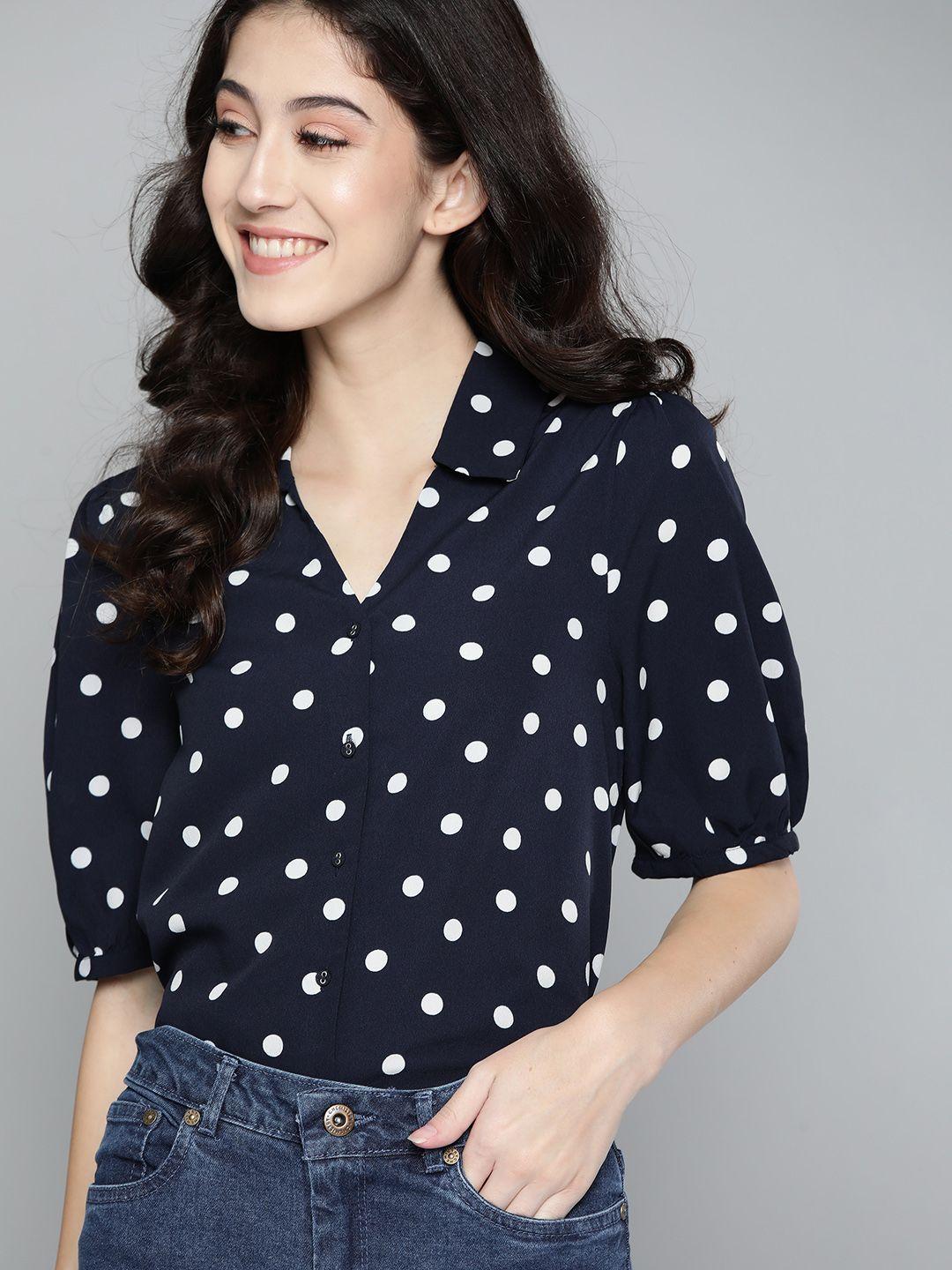 mast & harbour women navy blue & white polka dots print shirt style top