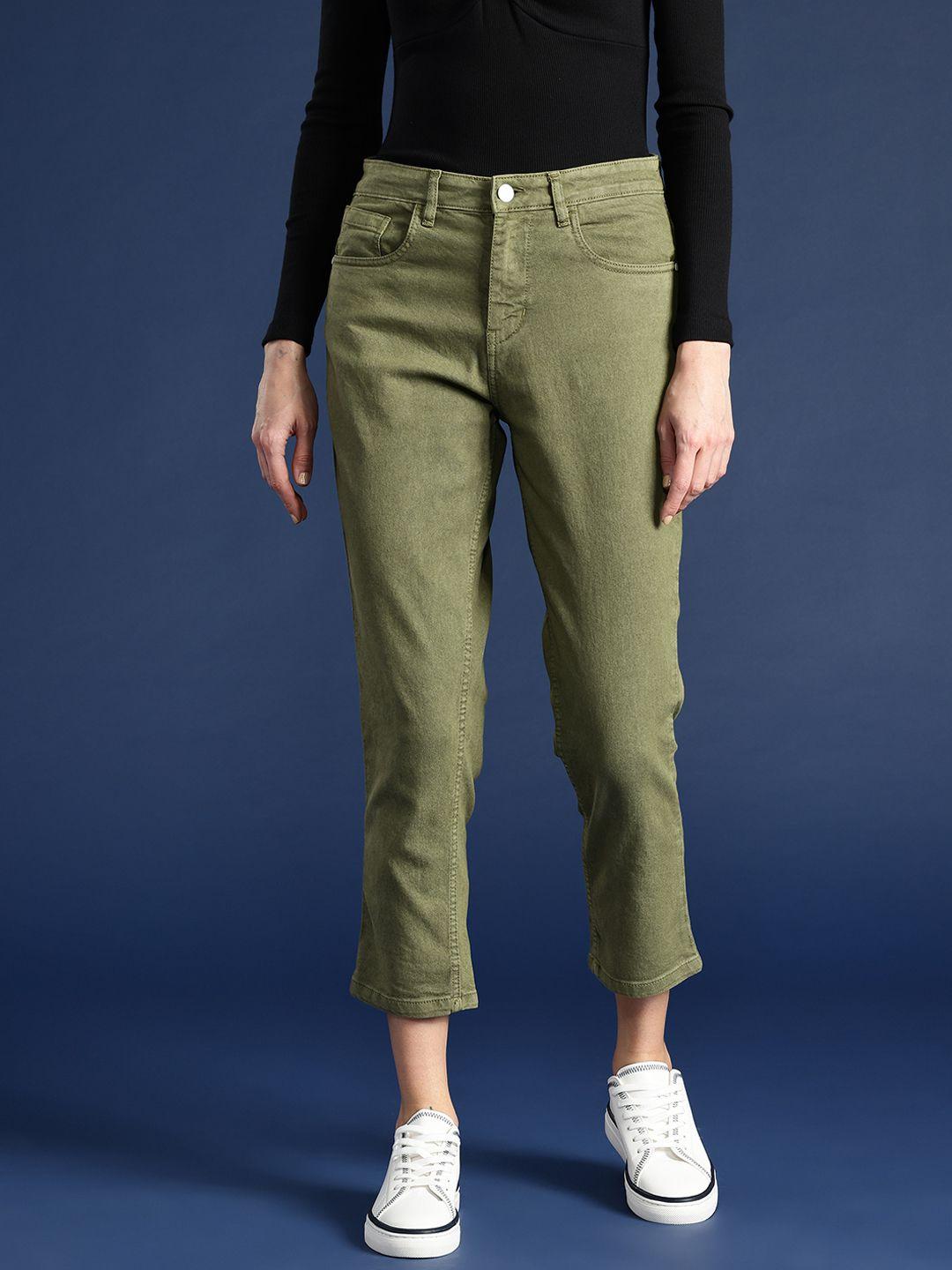 mast & harbour women olive green slim fit high-rise stretchable crop jeans