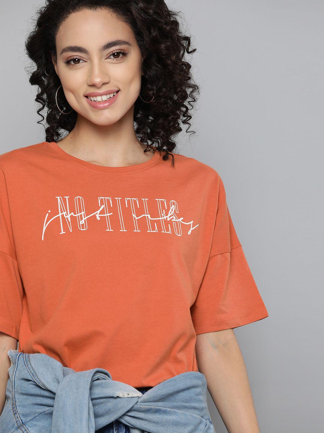 mast & harbour women orange printed pure cotton round neck t-shirt