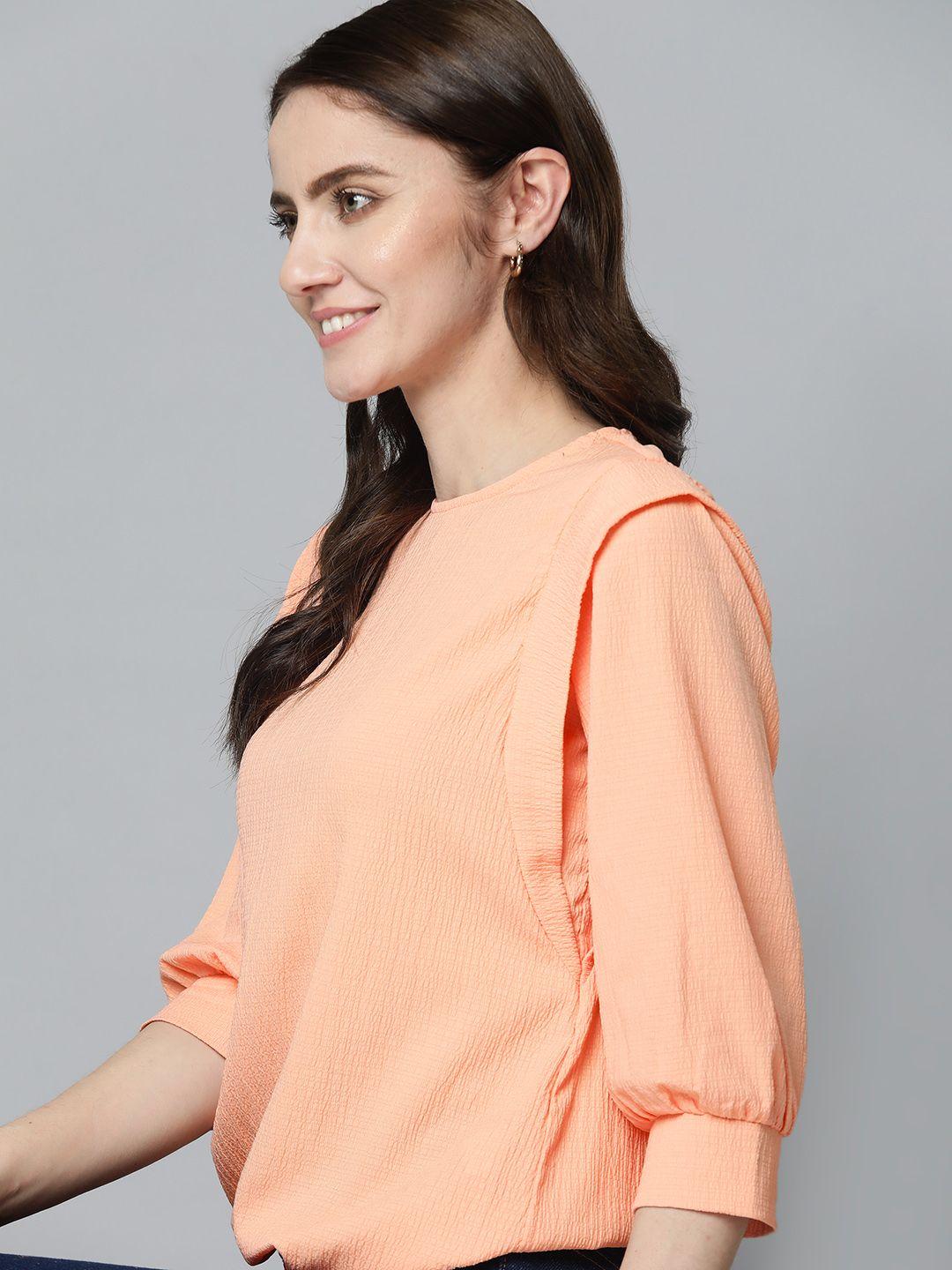 mast & harbour women peach-coloured solid puff sleeves regular top