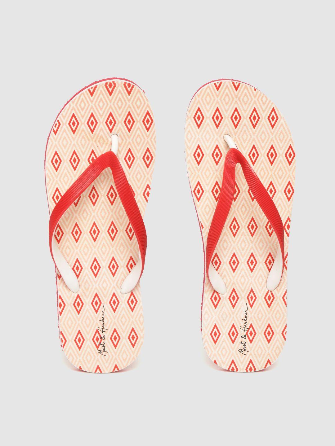 mast & harbour women red & off-white printed thong flip-flops