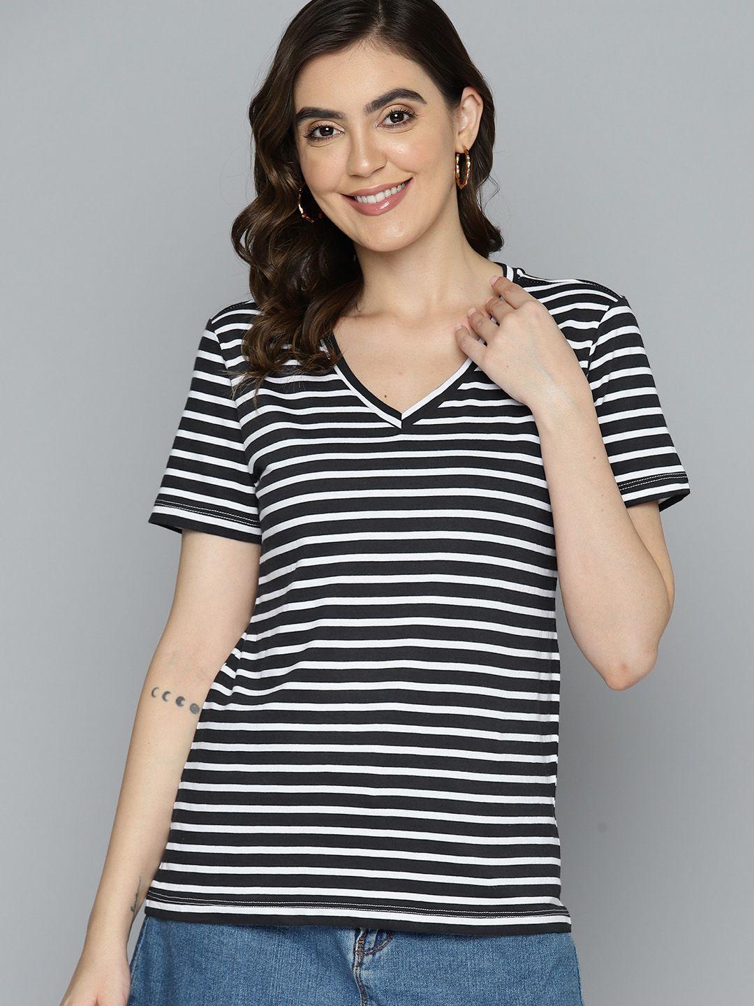 mast & harbour women striped v-neck pure cotton t-shirt