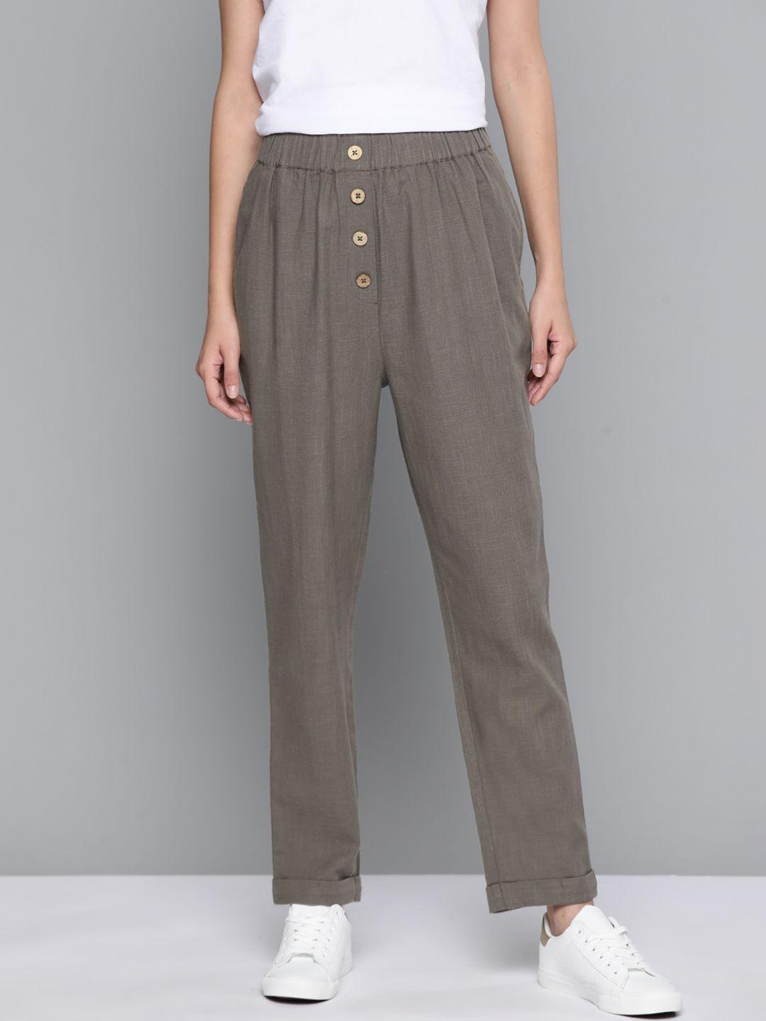 mast & harbour women taupe solid pure cotton trousers