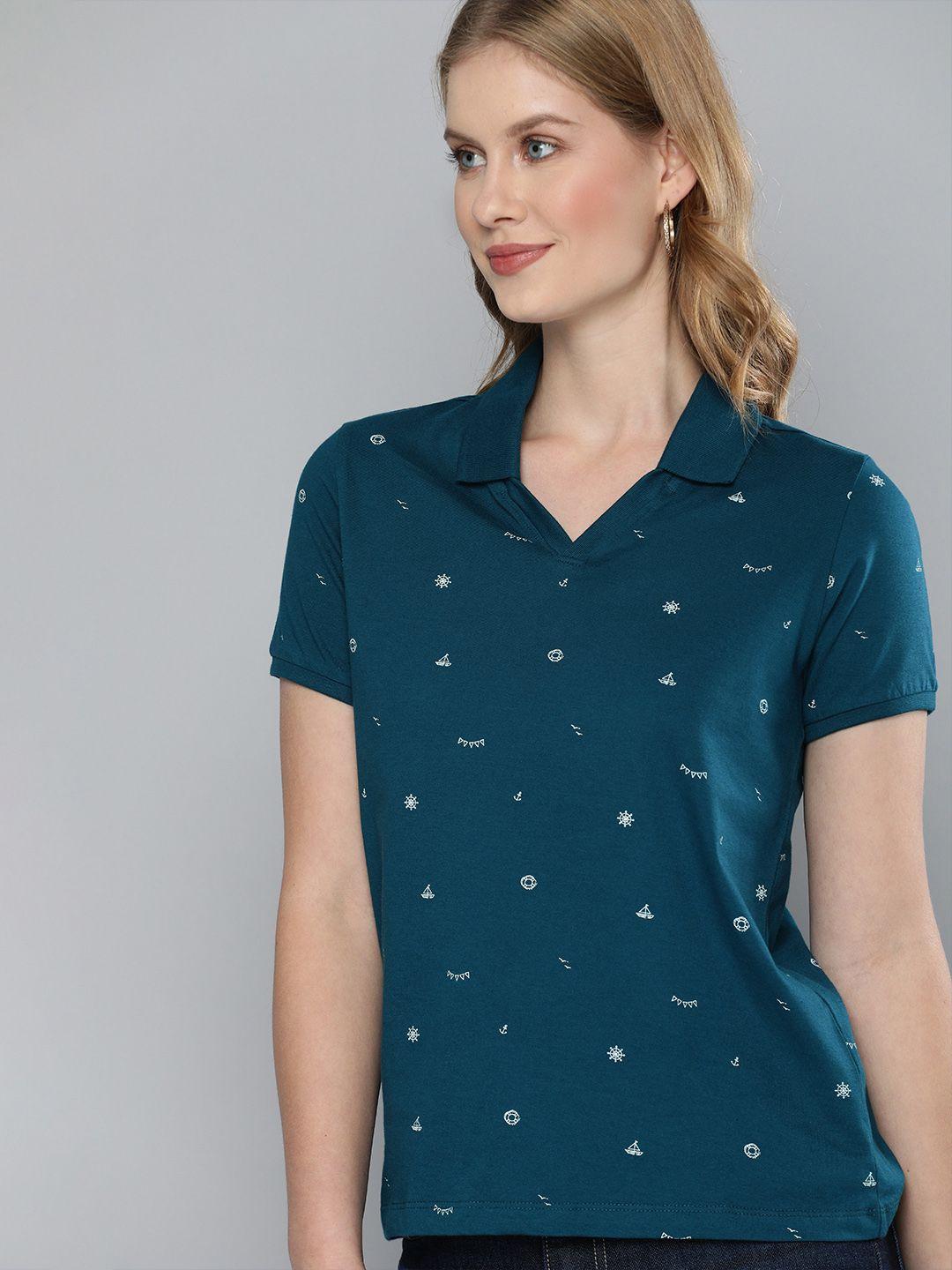 mast & harbour women teal blue & white conversational printed cotton polo collar t-shirt