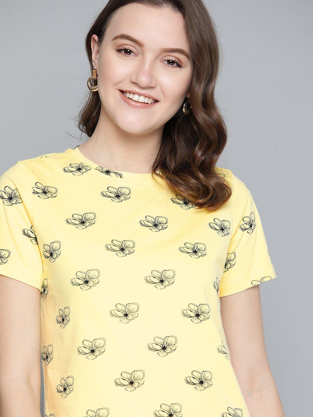 mast & harbour women yellow & black pure cotton floral print t-shirt