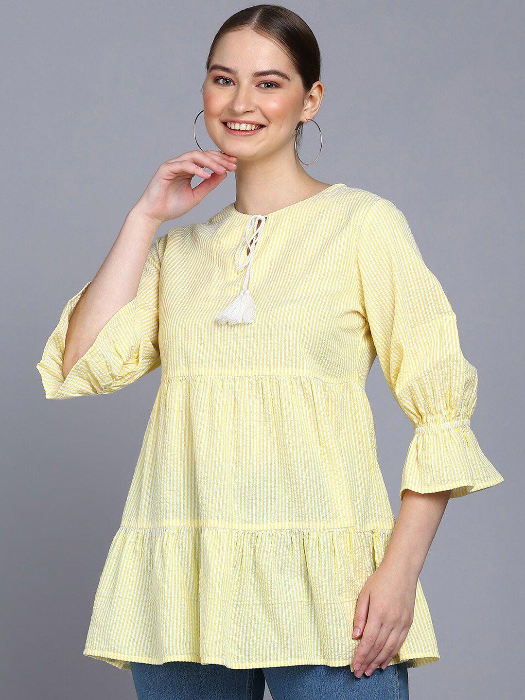 mast & harbour yellow & white vertical striped tie-up neck pure cotton a-line top