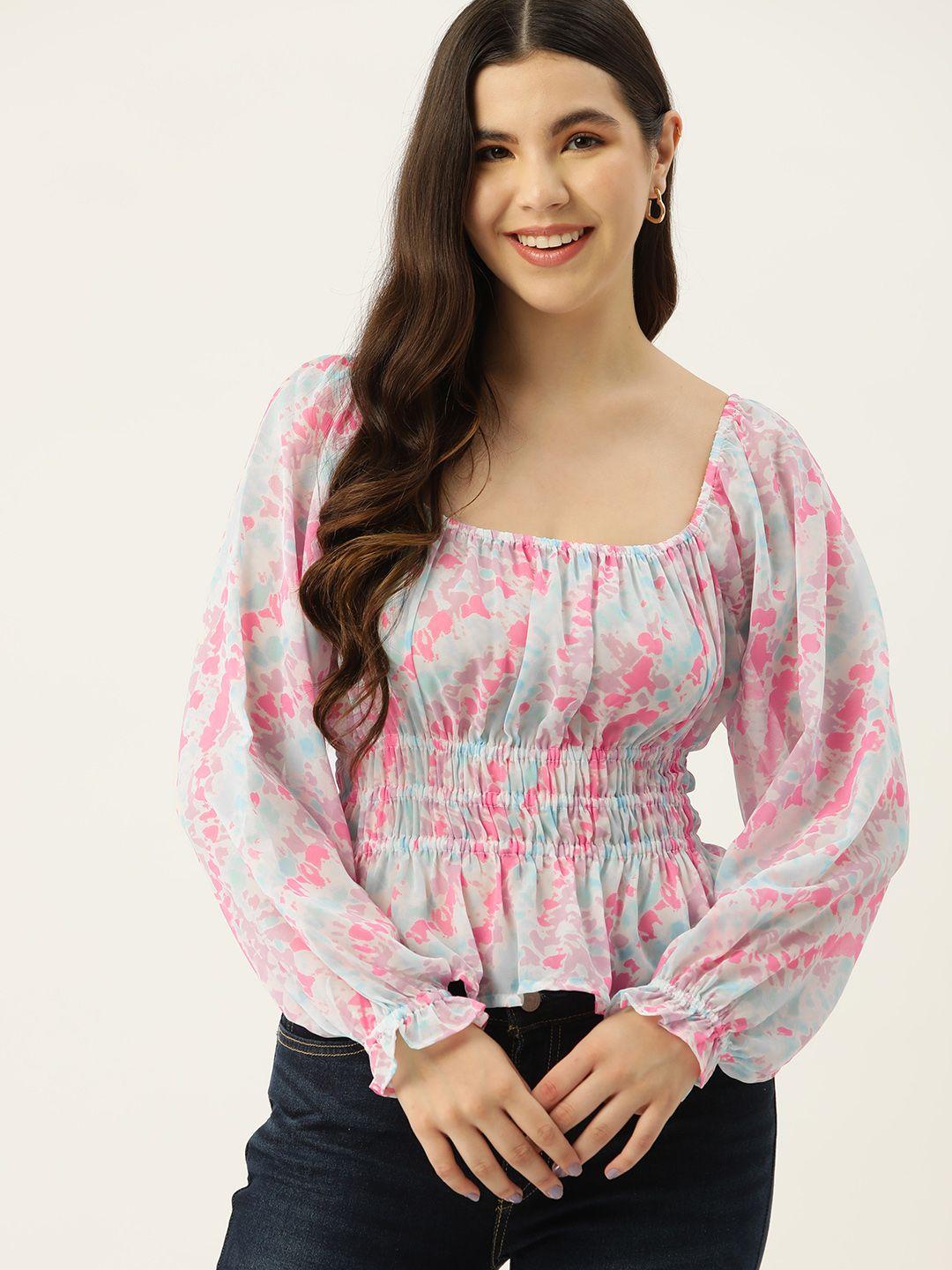 mast & harbour abstract print puff sleeve cinched waist top