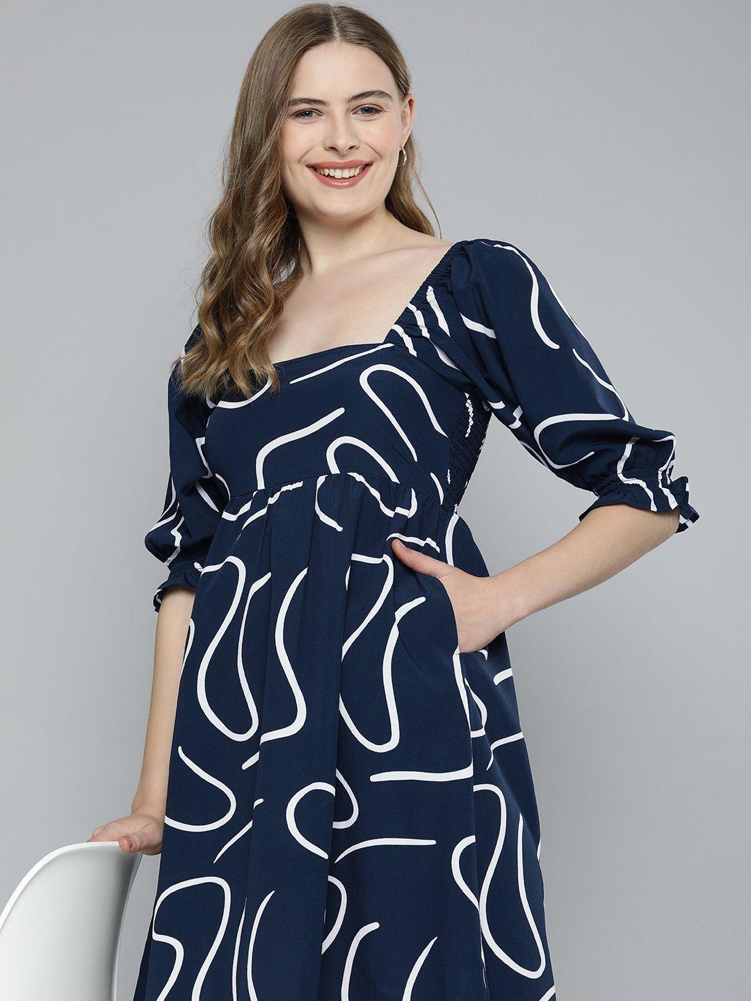 mast & harbour abstract printed puff sleeves smocked detail empire dress