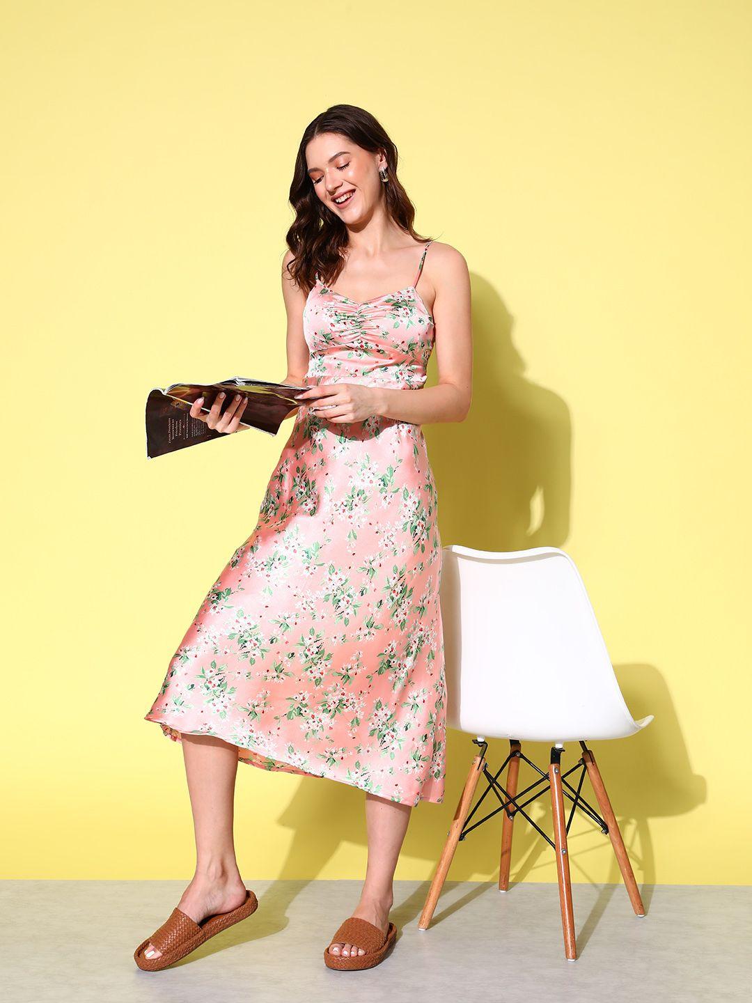 mast & harbour aflush peach floral printed ruched satin staying in style a-line midi dress