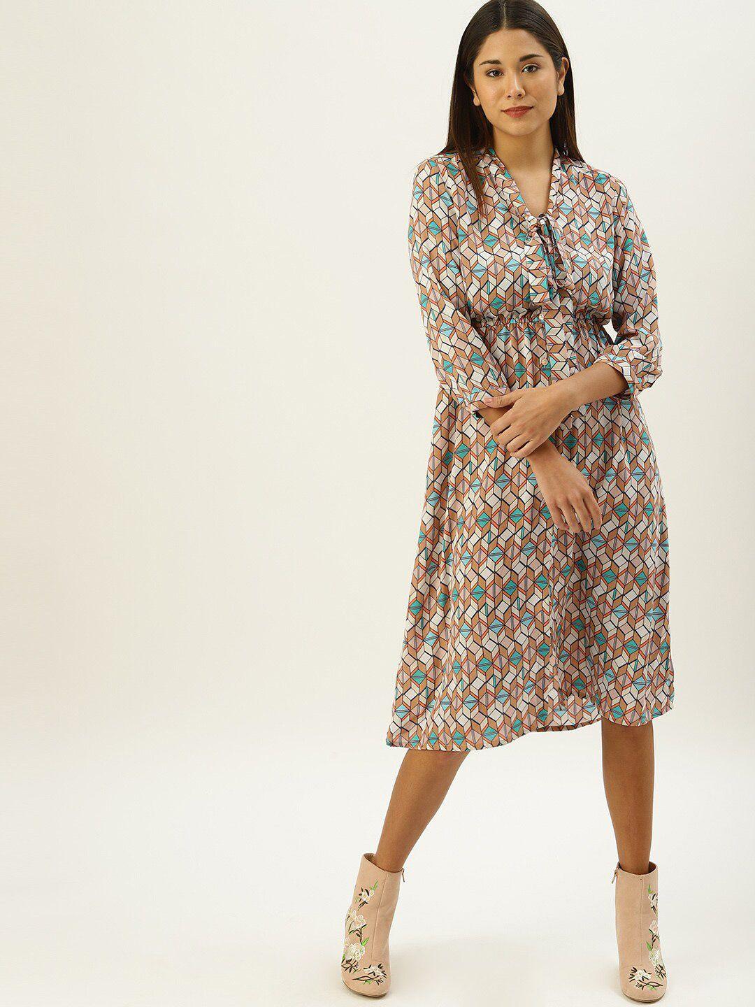 mast & harbour beige floral print tie-up neck empire midi dress