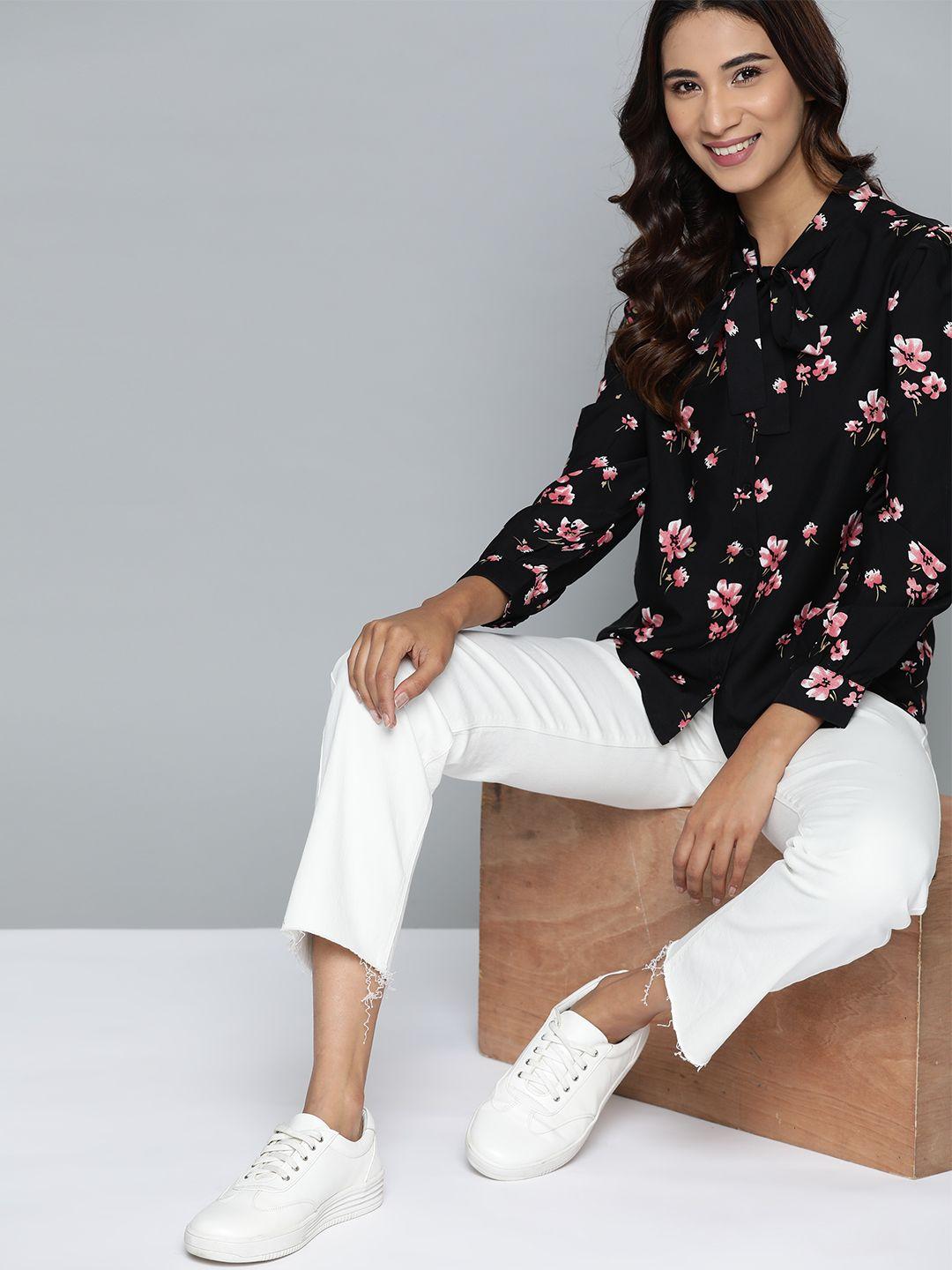 mast & harbour black & pink floral print tie-up neck top