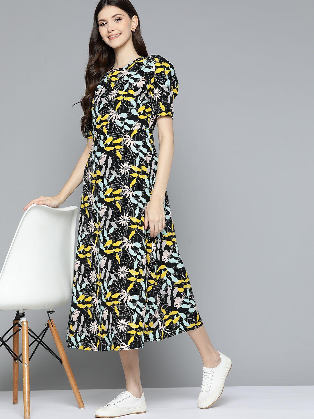 mast & harbour black & yellow floral a-line midi dress