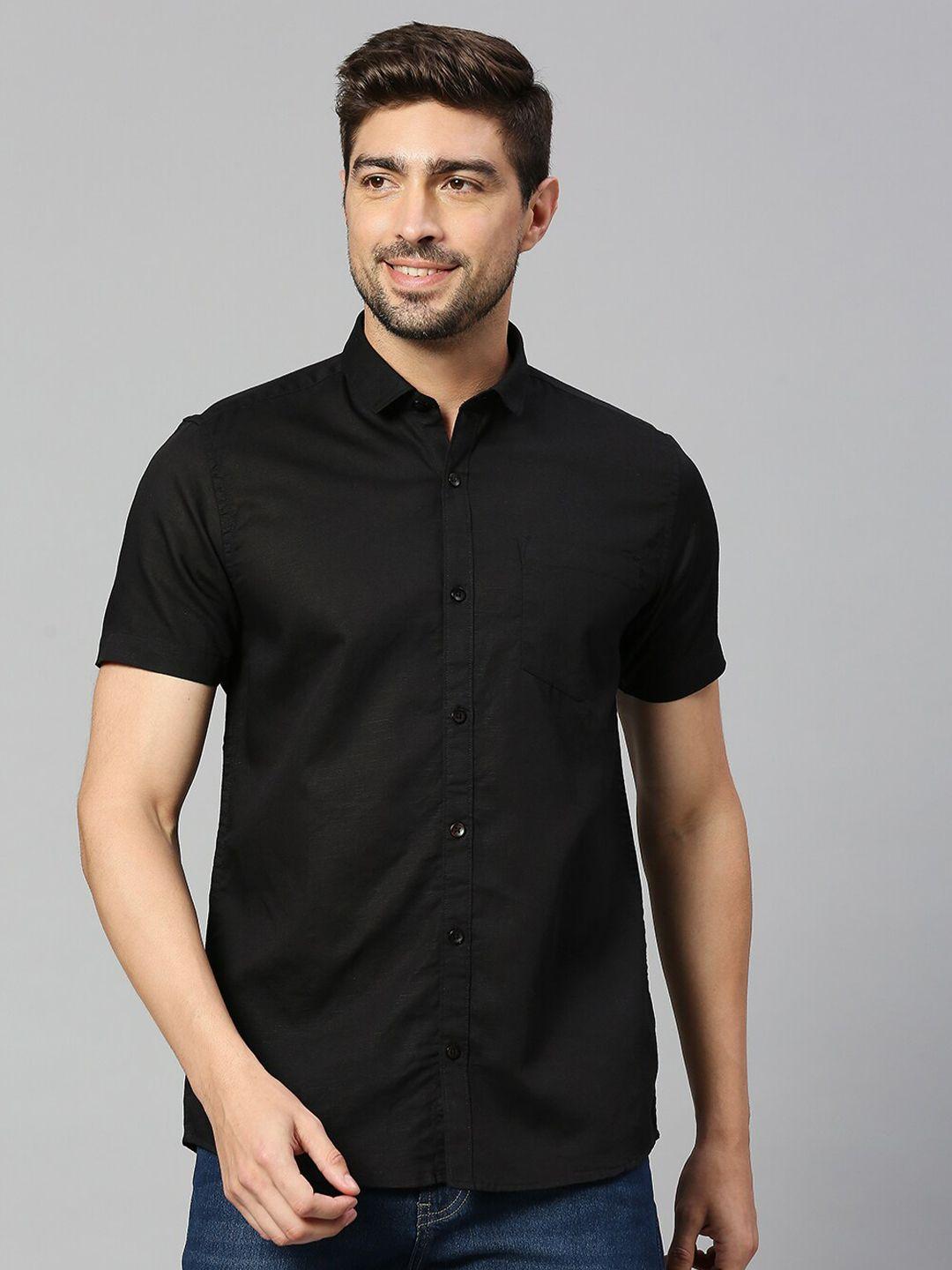 mast & harbour black classic slim fit cotton linen casual shirt